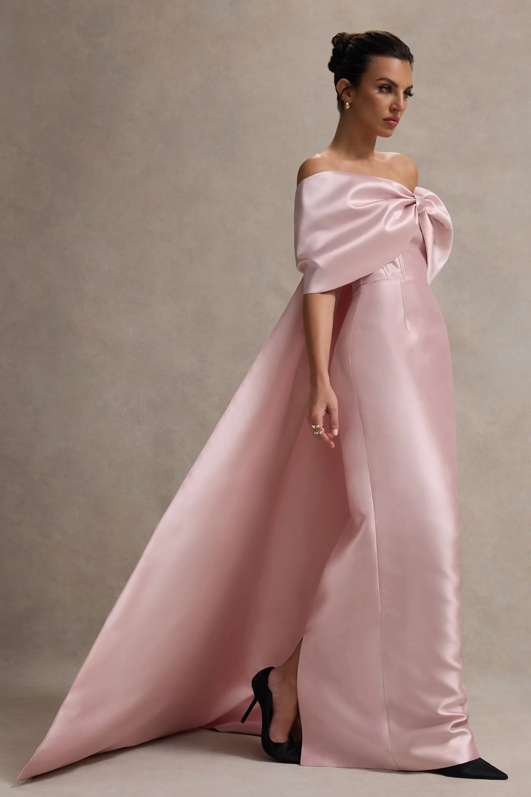 Wanting More | Pink Satin Cape Maxi Dress With Oversized Bow sold by Club L London product image thumbnail 4