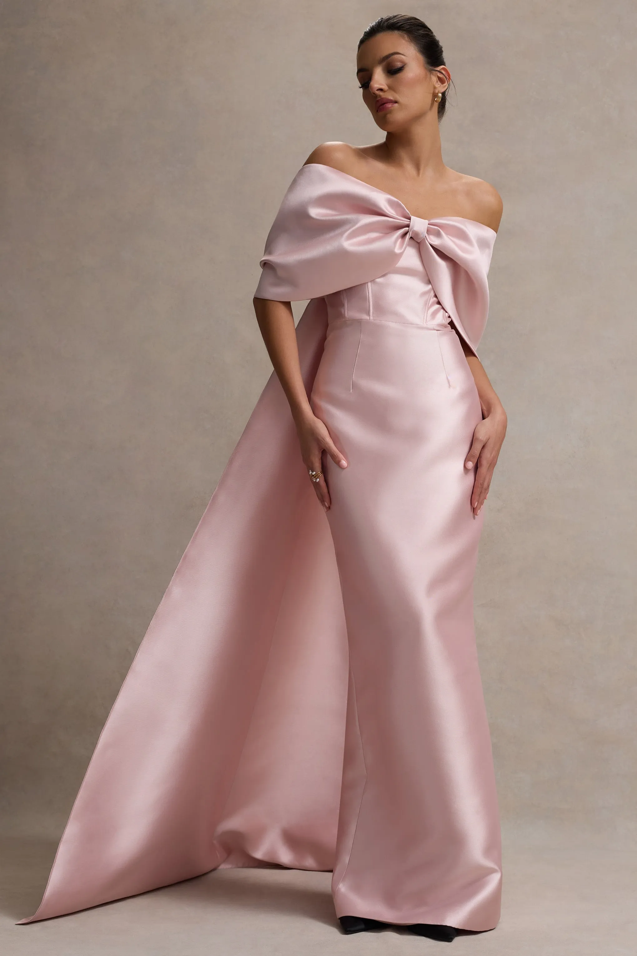 Wanting More | Pink Satin Cape Maxi Dress With Oversized Bow sold by Club L London product image thumbnail 5