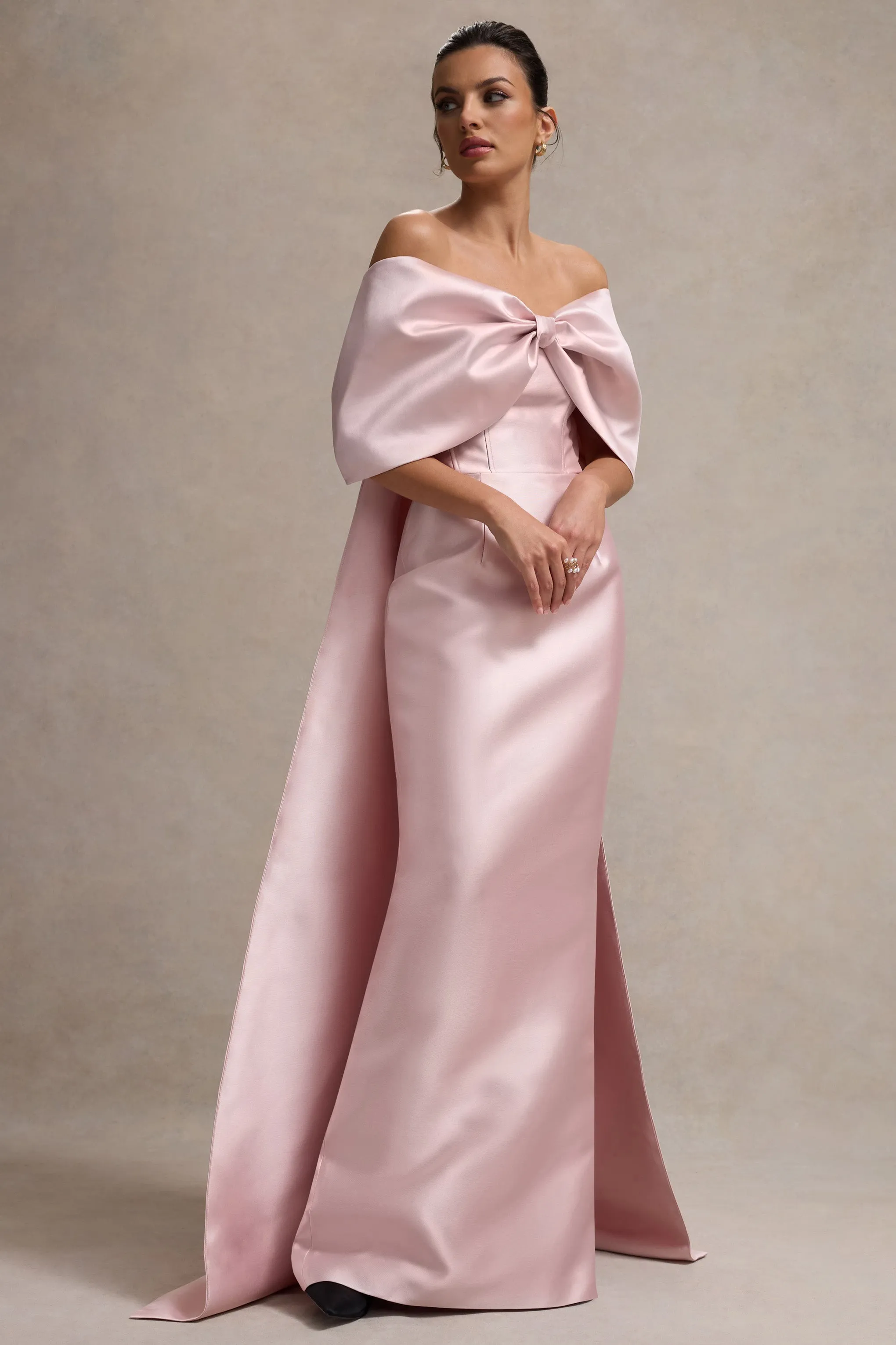 Wanting More | Pink Satin Cape Maxi Dress With Oversized Bow sold by Club L London