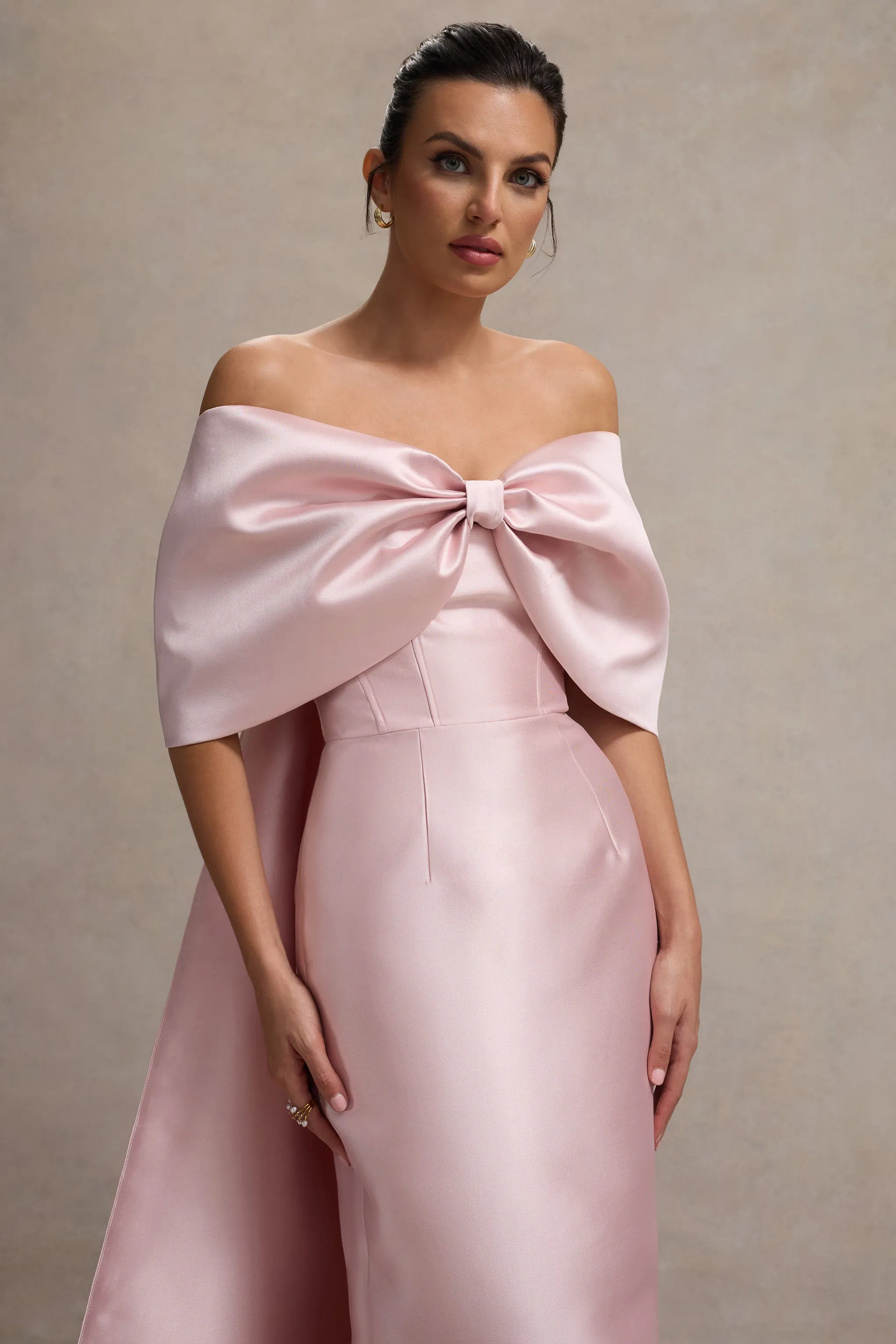 Wanting More | Pink Satin Cape Maxi Dress With Oversized Bow sold by Club L London product image thumbnail 3