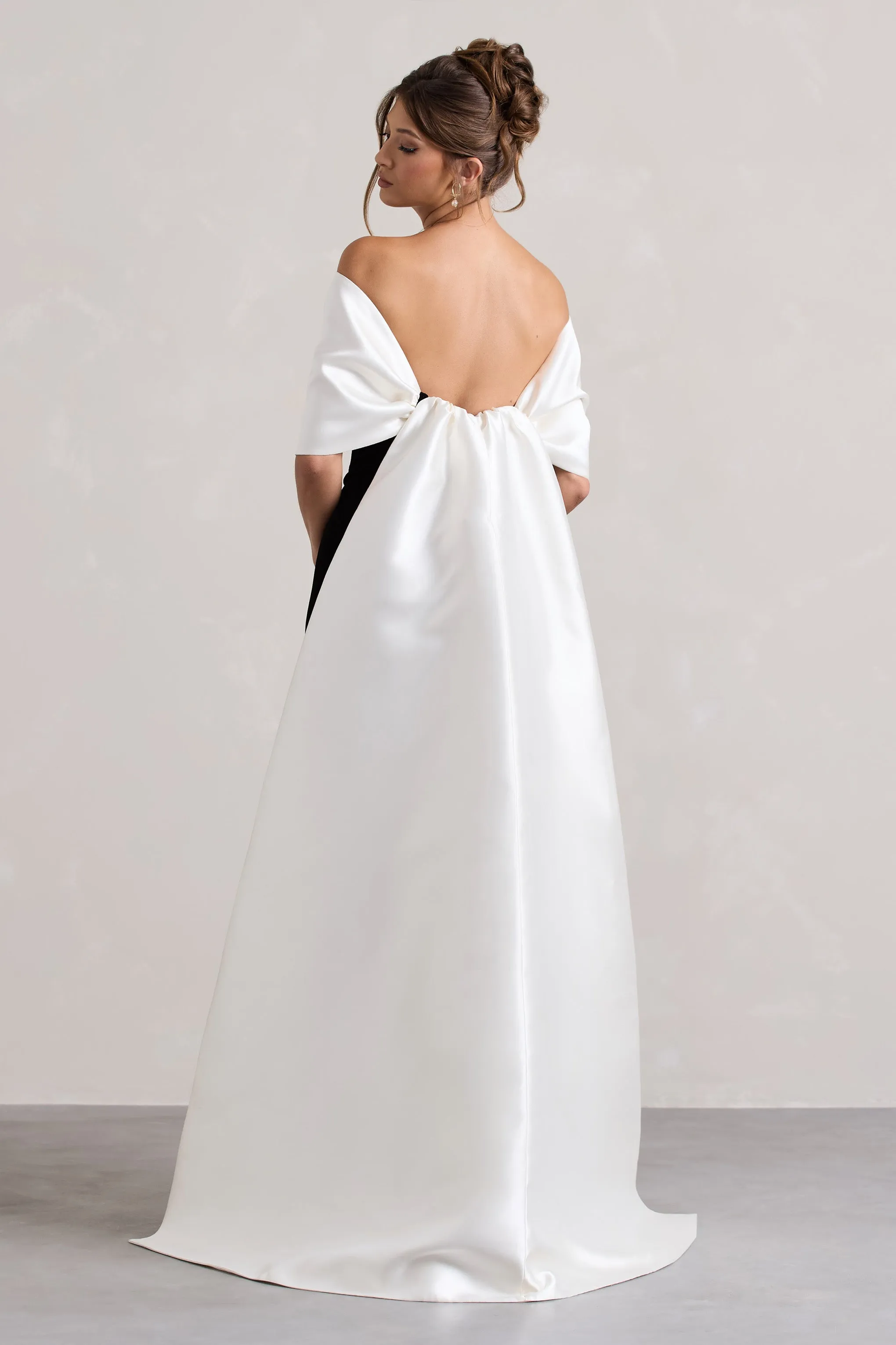 Wanting More | Black & White Satin Cape Maxi Dress With Oversized Bow sold by Club L London product image thumbnail 2