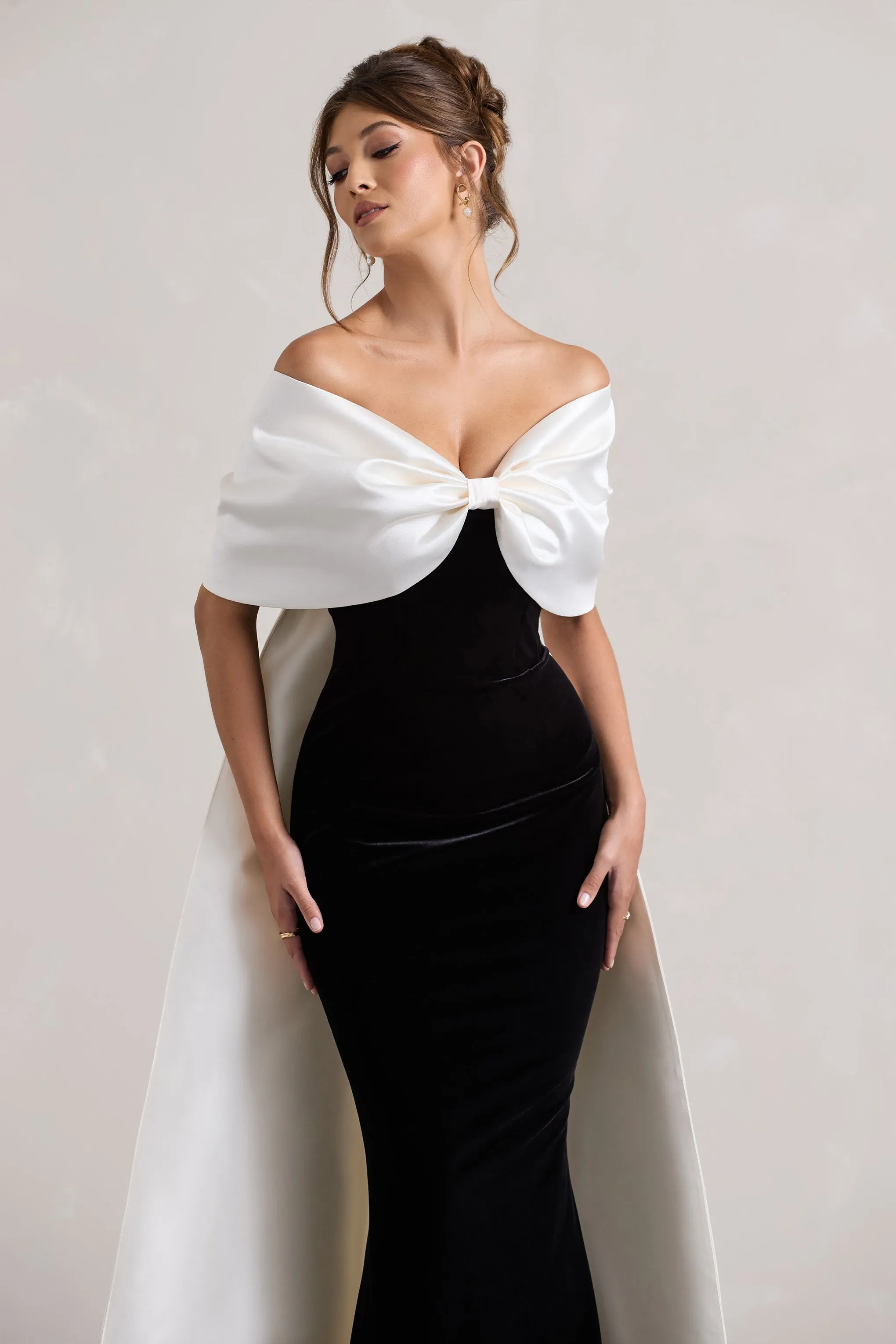 Wanting More | Black & White Satin Cape Maxi Dress With Oversized Bow sold by Club L London product image thumbnail 3