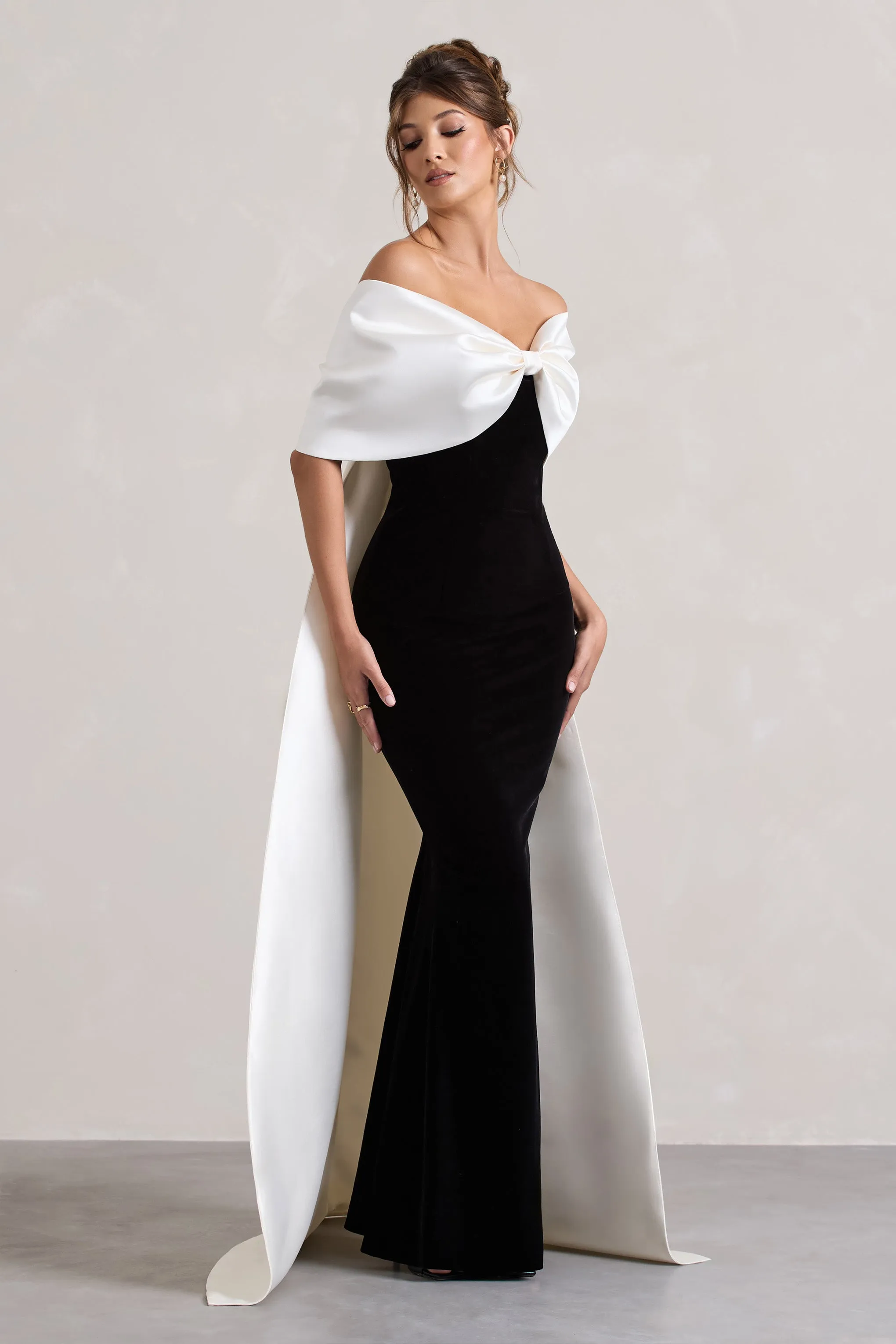 Wanting More | Black & White Satin Cape Maxi Dress With Oversized Bow sold by Club L London product image thumbnail 5