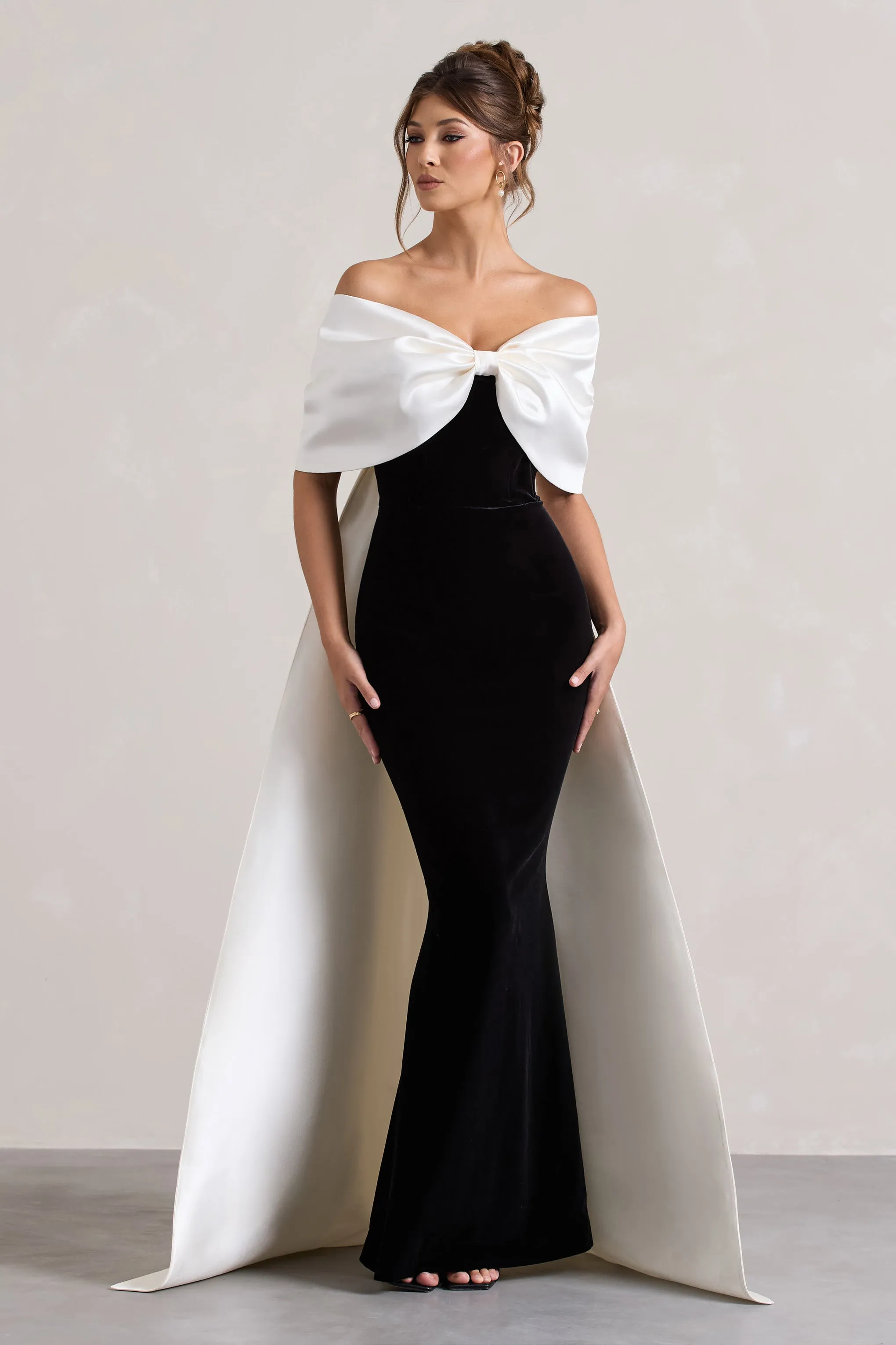 Wanting More | Black & White Satin Cape Maxi Dress With Oversized Bow sold by Club L London product image thumbnail 4