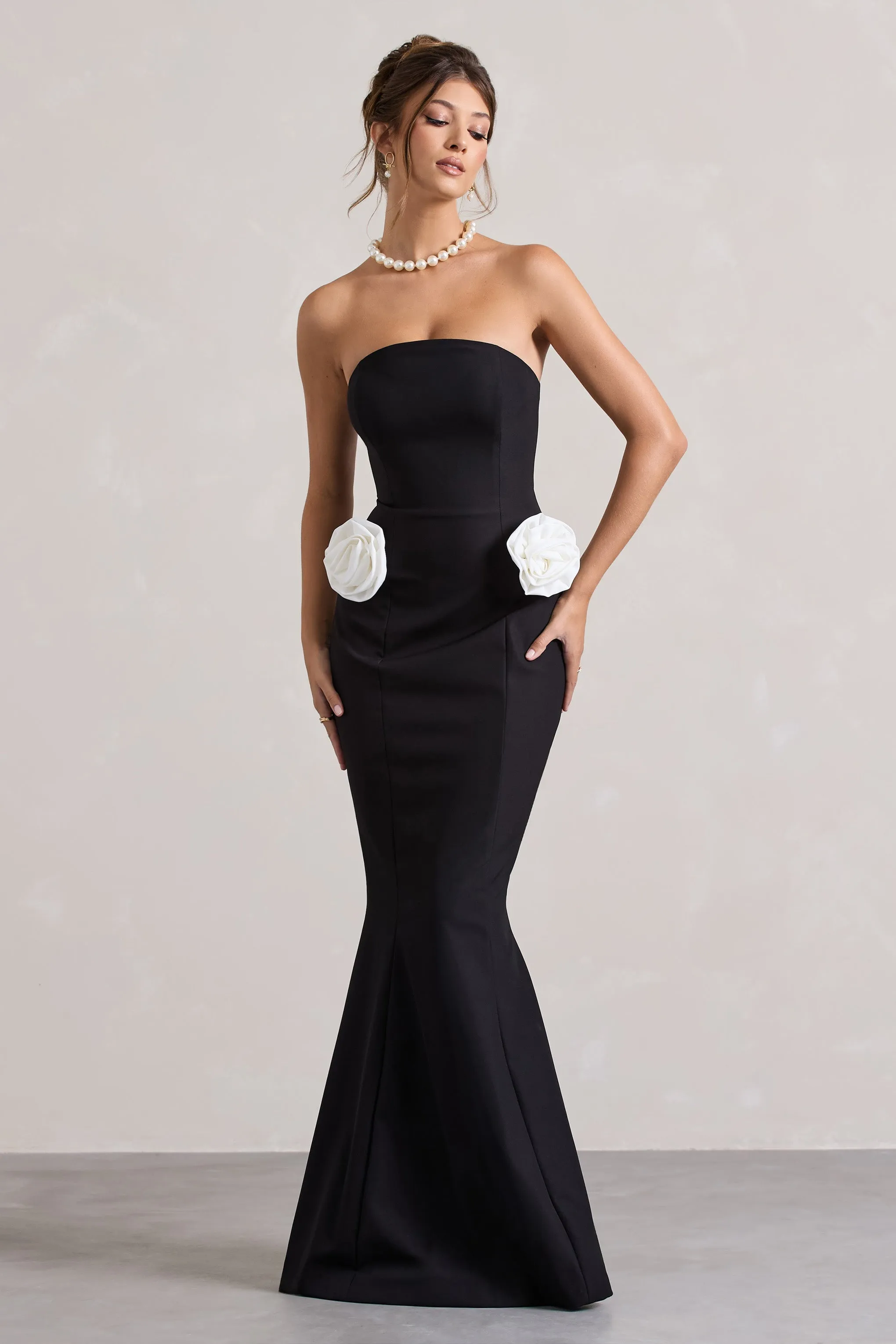 Best Of The Best | Black Strapless Fishtail Maxi Dress With Corsages sold by Club L London