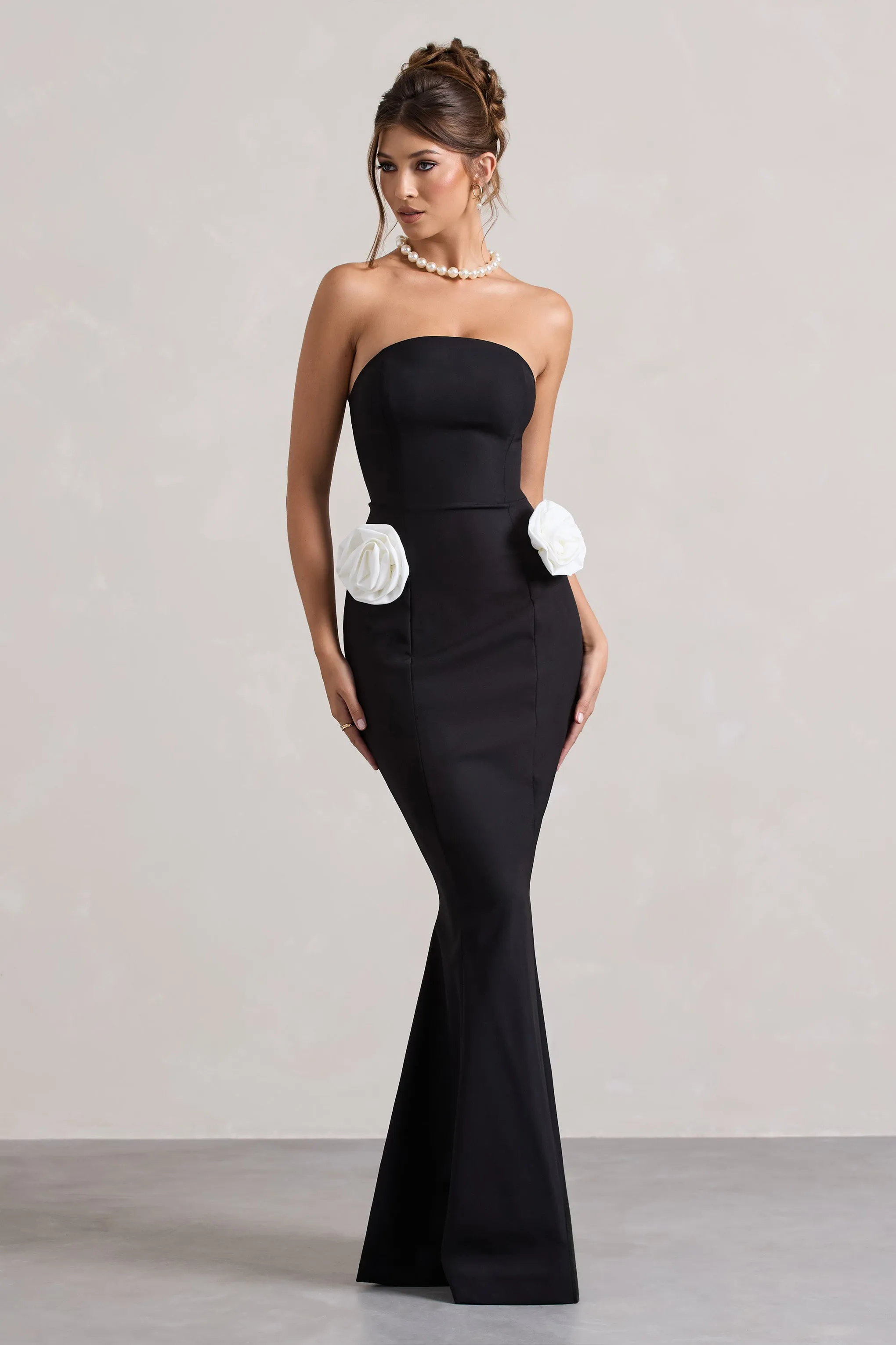 Best Of The Best | Black Strapless Fishtail Maxi Dress With Corsages sold by Club L London product image thumbnail 4