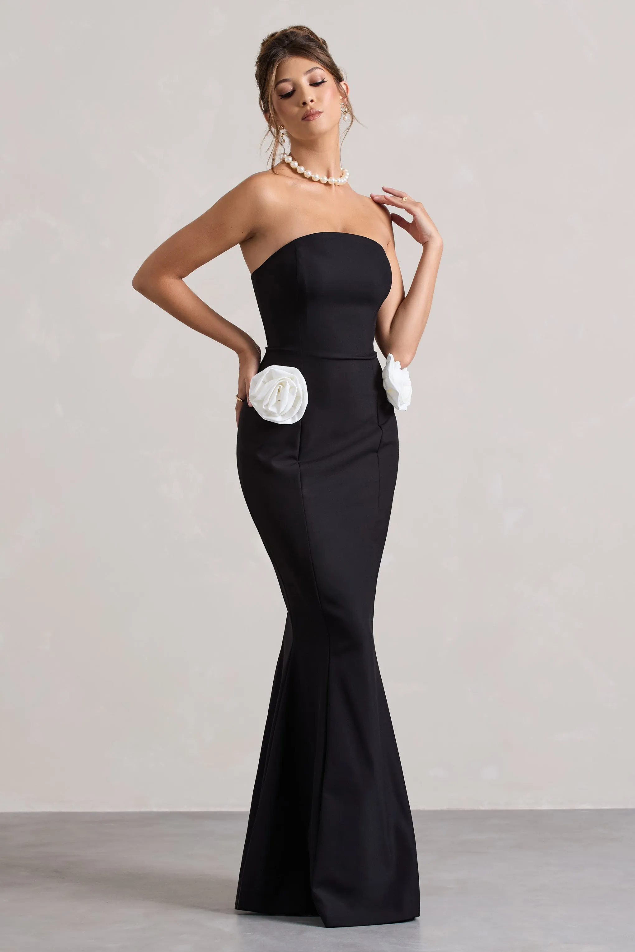 Best Of The Best | Black Strapless Fishtail Maxi Dress With Corsages sold by Club L London product image thumbnail 5