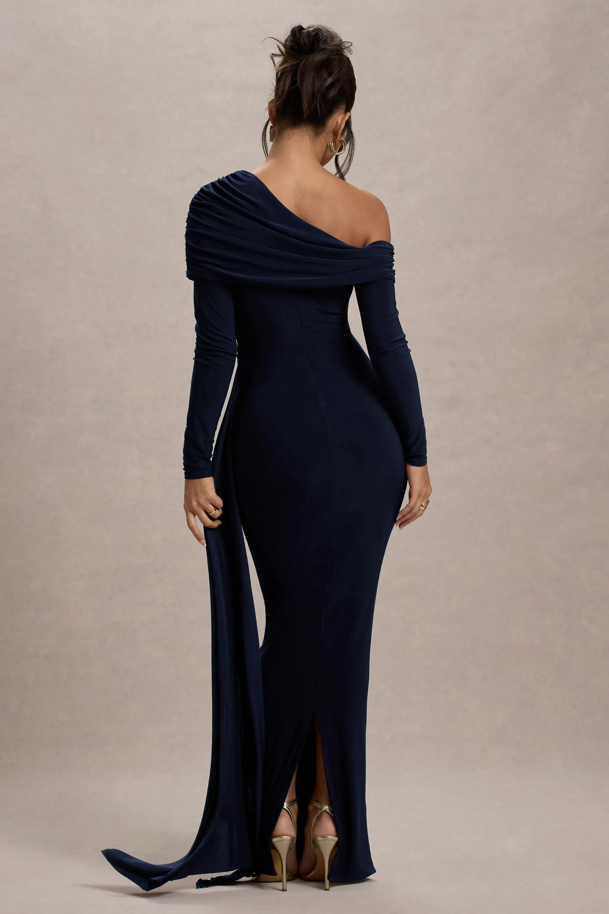 Valina | Navy Ruched Asymmetric Maxi Dress With Drape sold by Club L London product image thumbnail 2