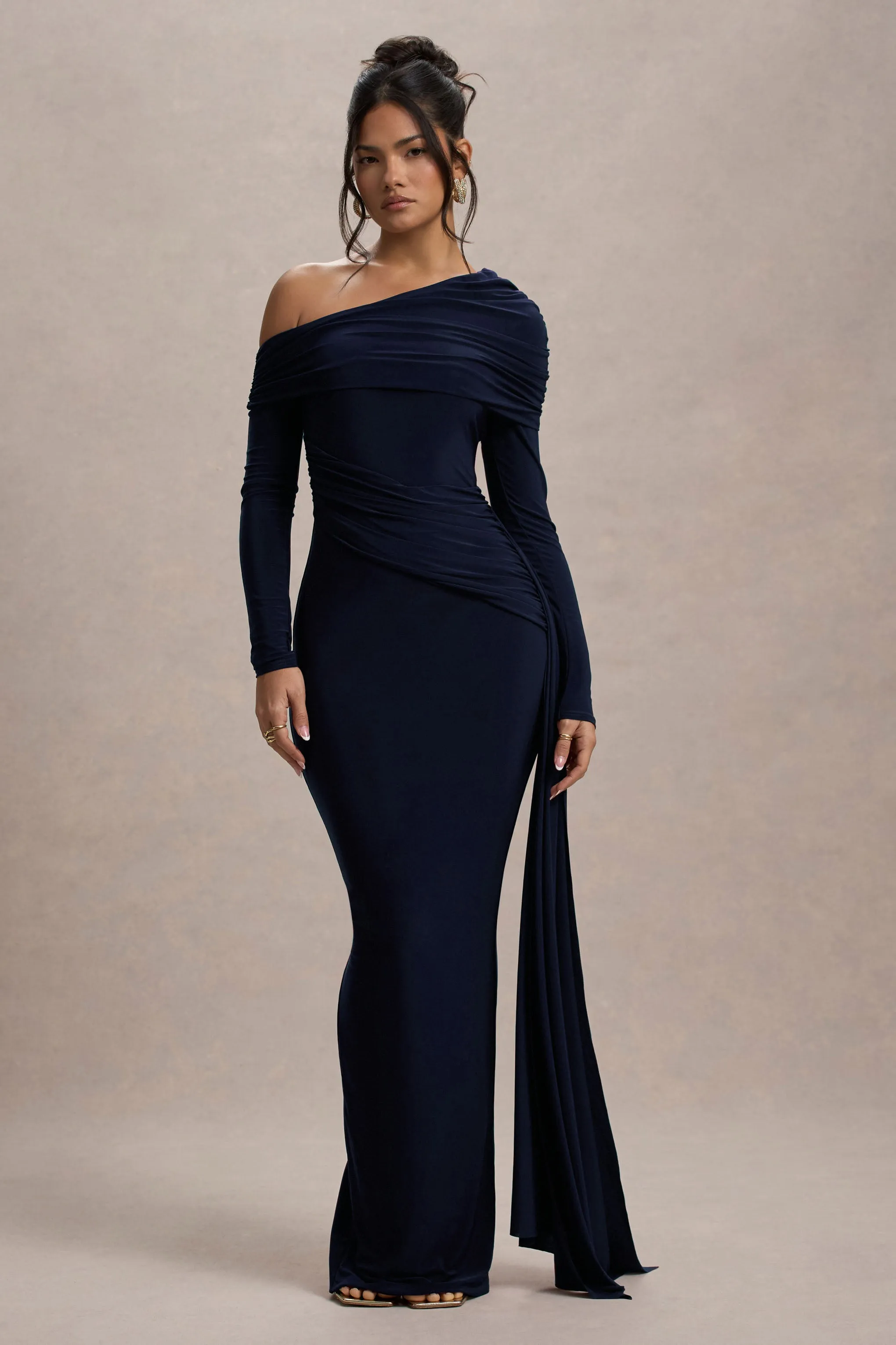 Valina | Navy Ruched Asymmetric Maxi Dress With Drape sold by Club L London