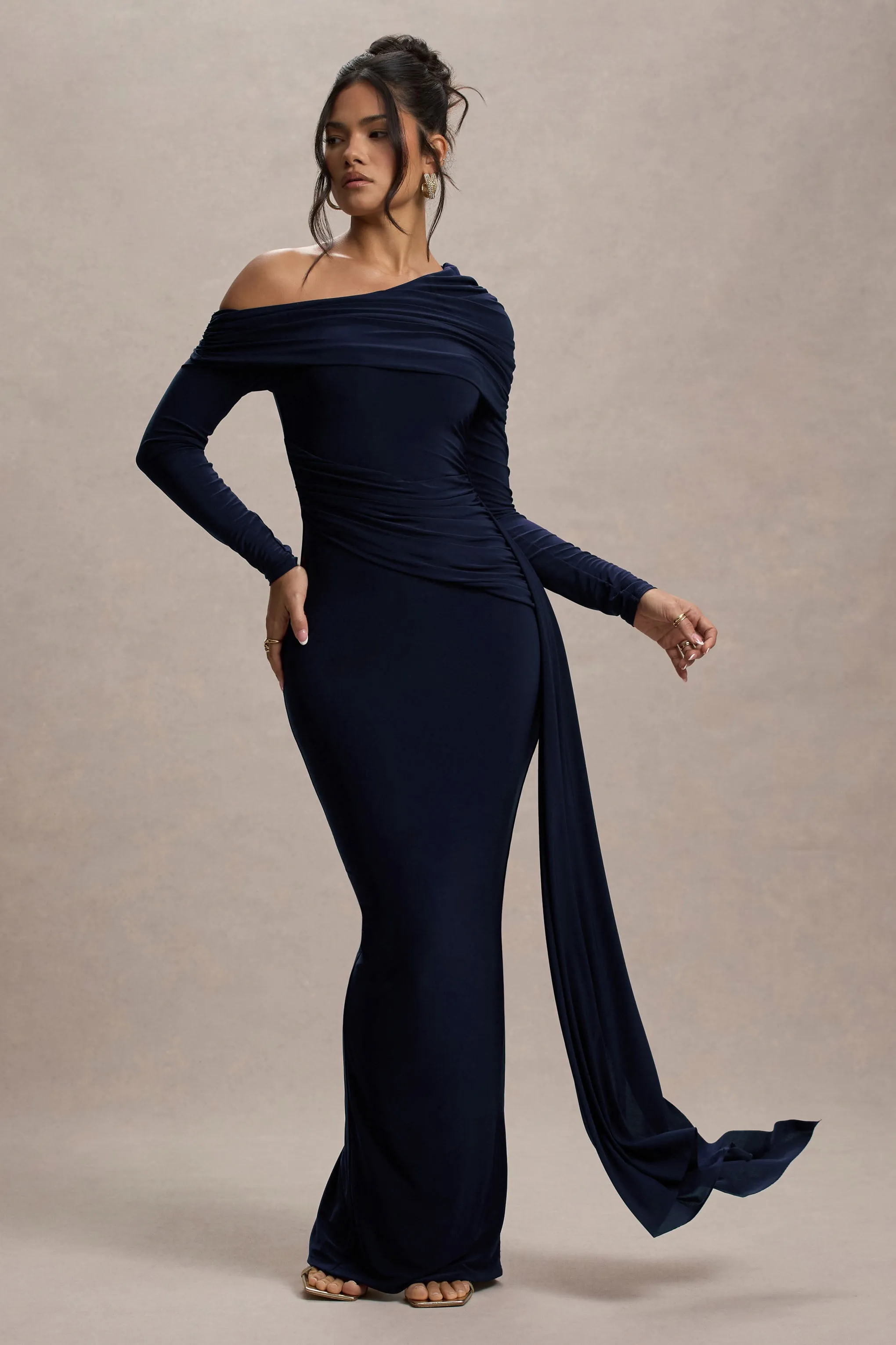 Valina | Navy Ruched Asymmetric Maxi Dress With Drape sold by Club L London product image thumbnail 4