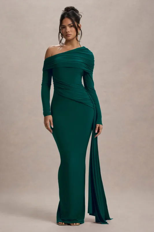 Valina | Green Ruched Asymmetric Maxi Dress With Drape sold by Club L London