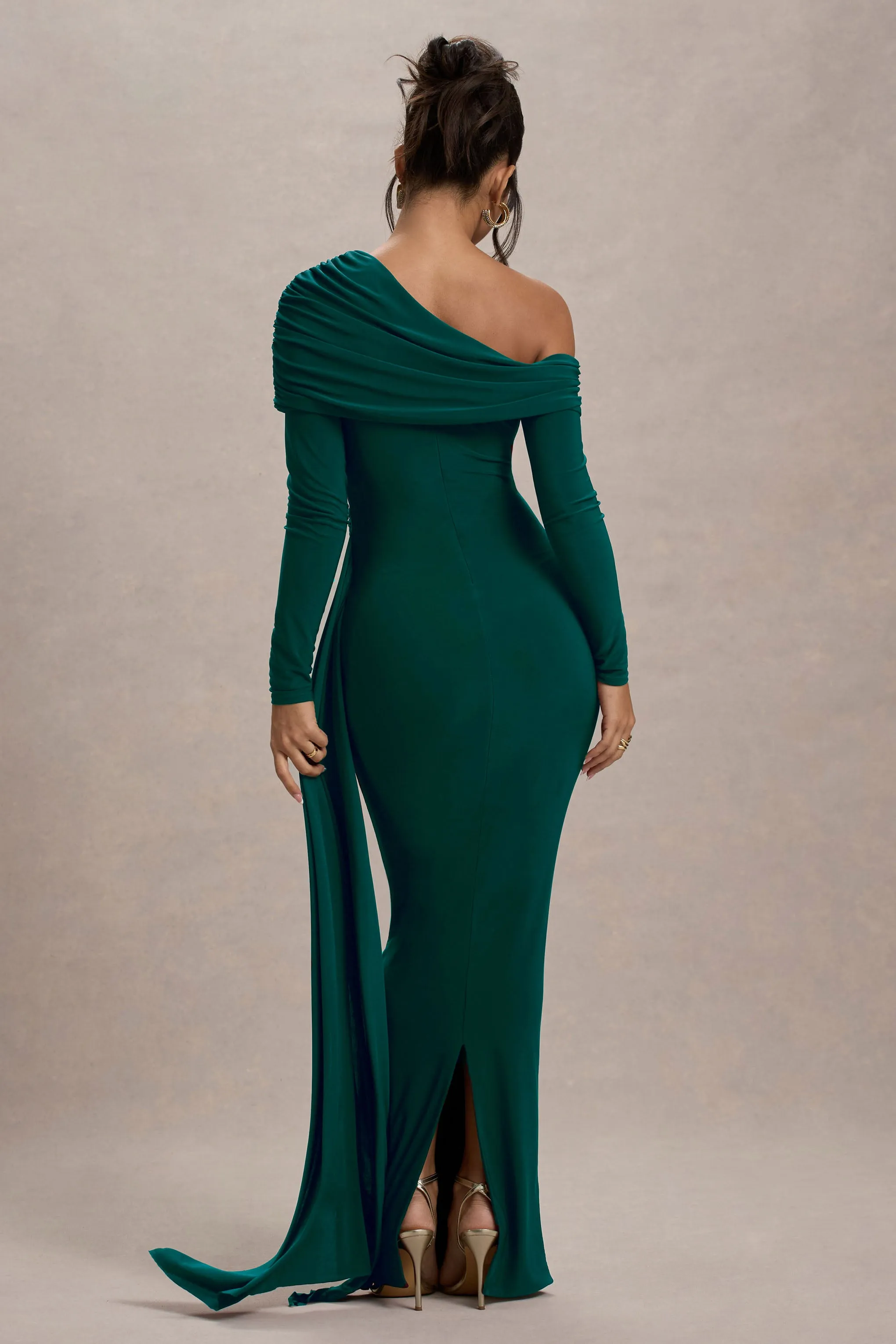 Valina | Green Ruched Asymmetric Maxi Dress With Drape sold by Club L London product image thumbnail 2