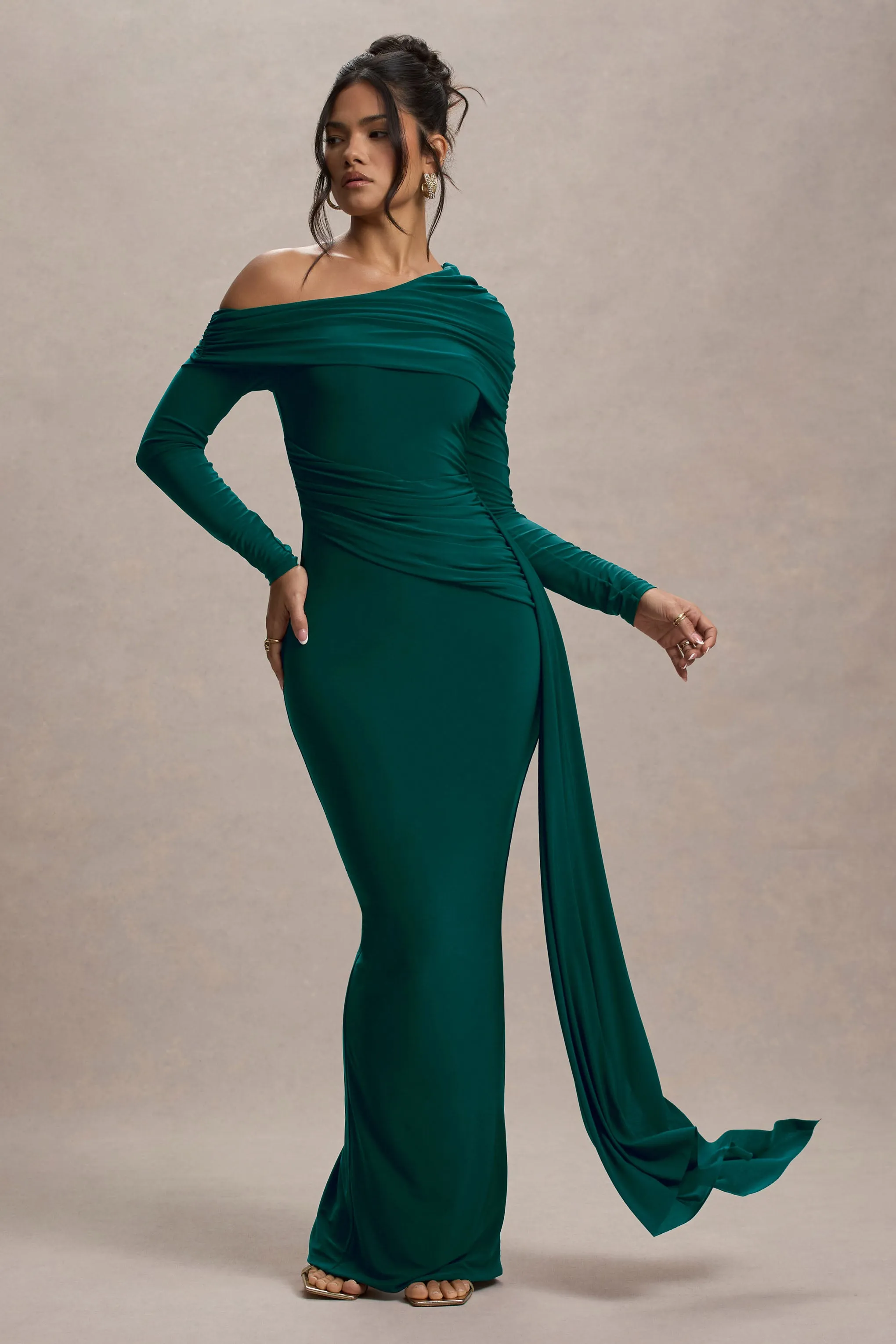 Valina | Green Ruched Asymmetric Maxi Dress With Drape sold by Club L London product image thumbnail 4