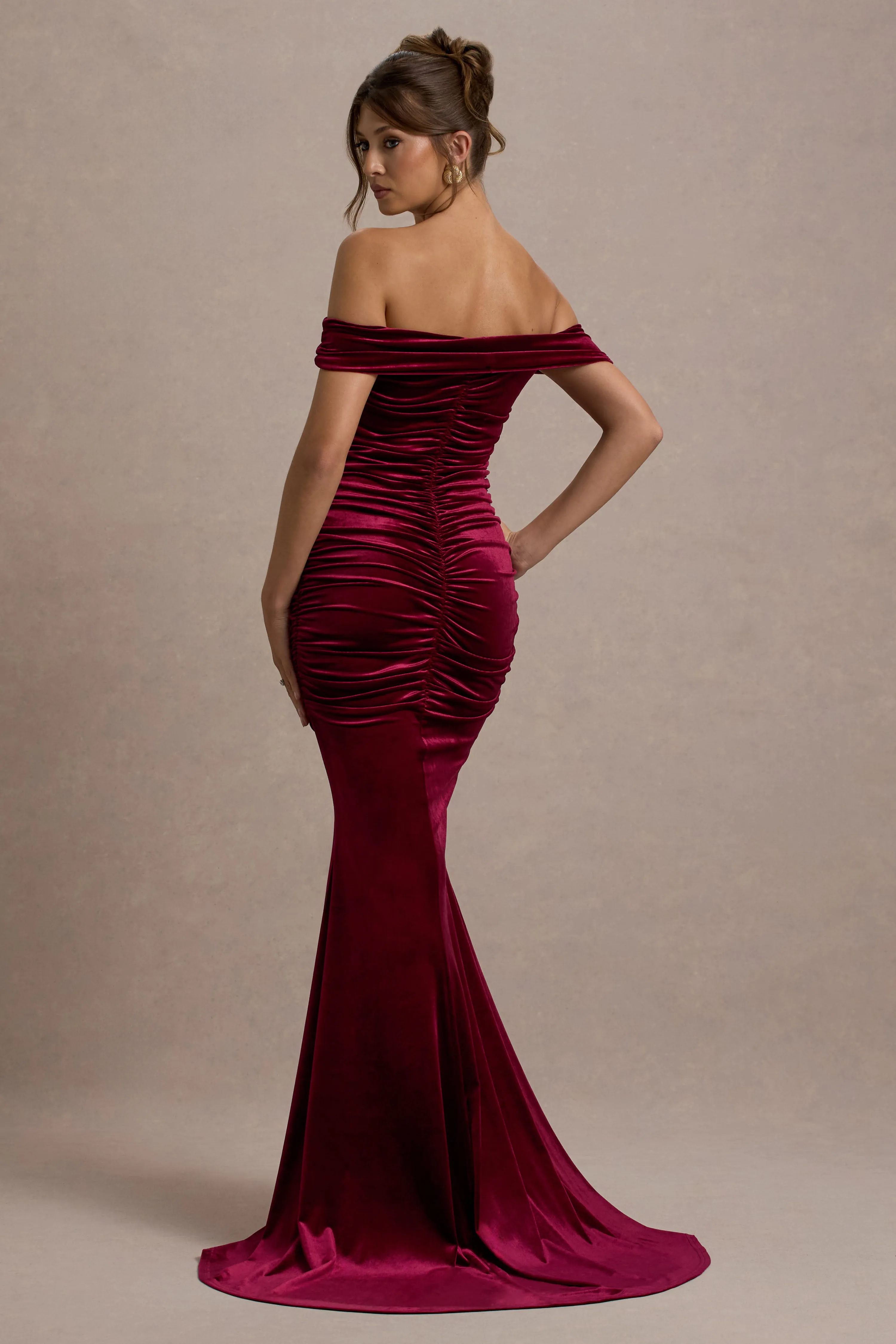 Apolline | Berry Velvet Off The Shoulder Ruched Fishtail Maxi Dress sold by Club L London product image thumbnail 2