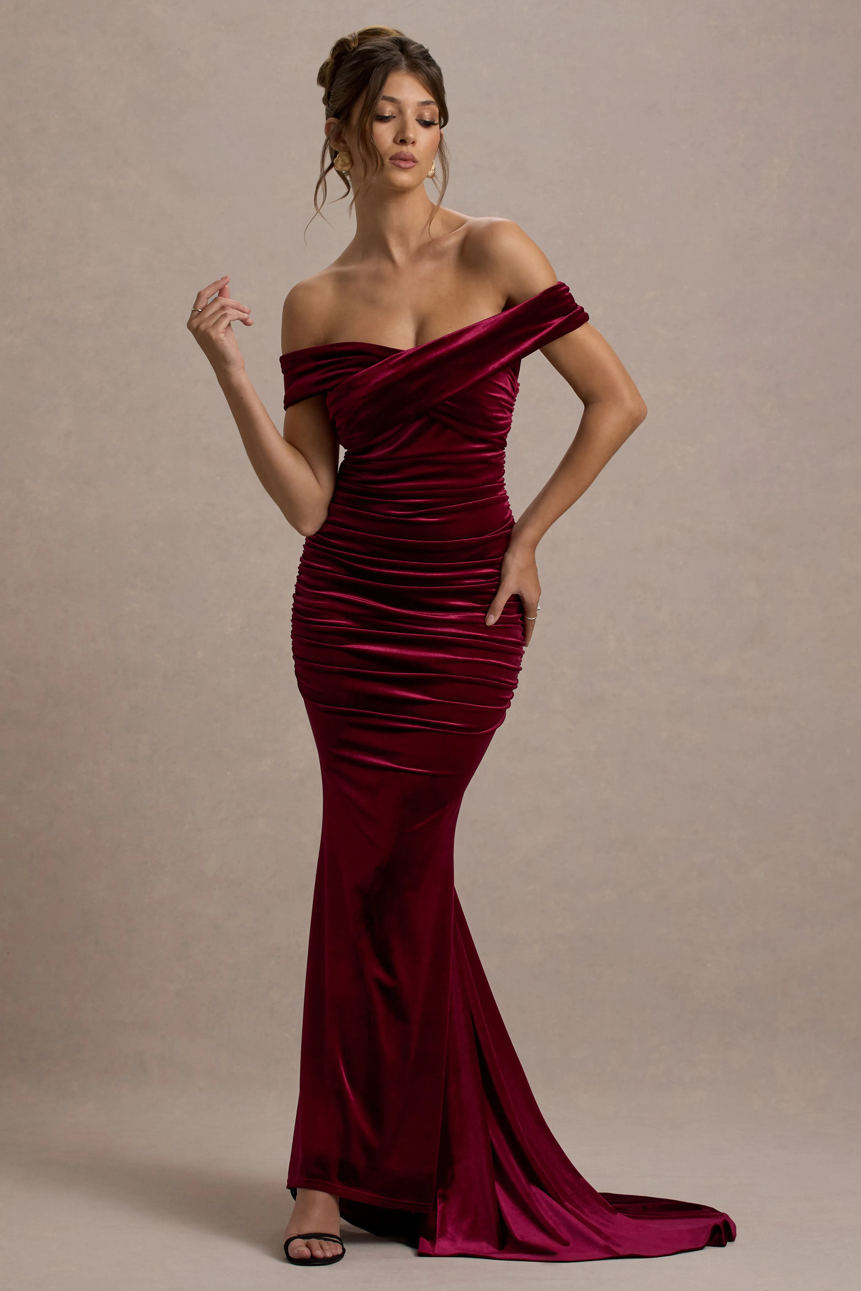 Apolline | Berry Velvet Off The Shoulder Ruched Fishtail Maxi Dress sold by Club L London product image thumbnail 4