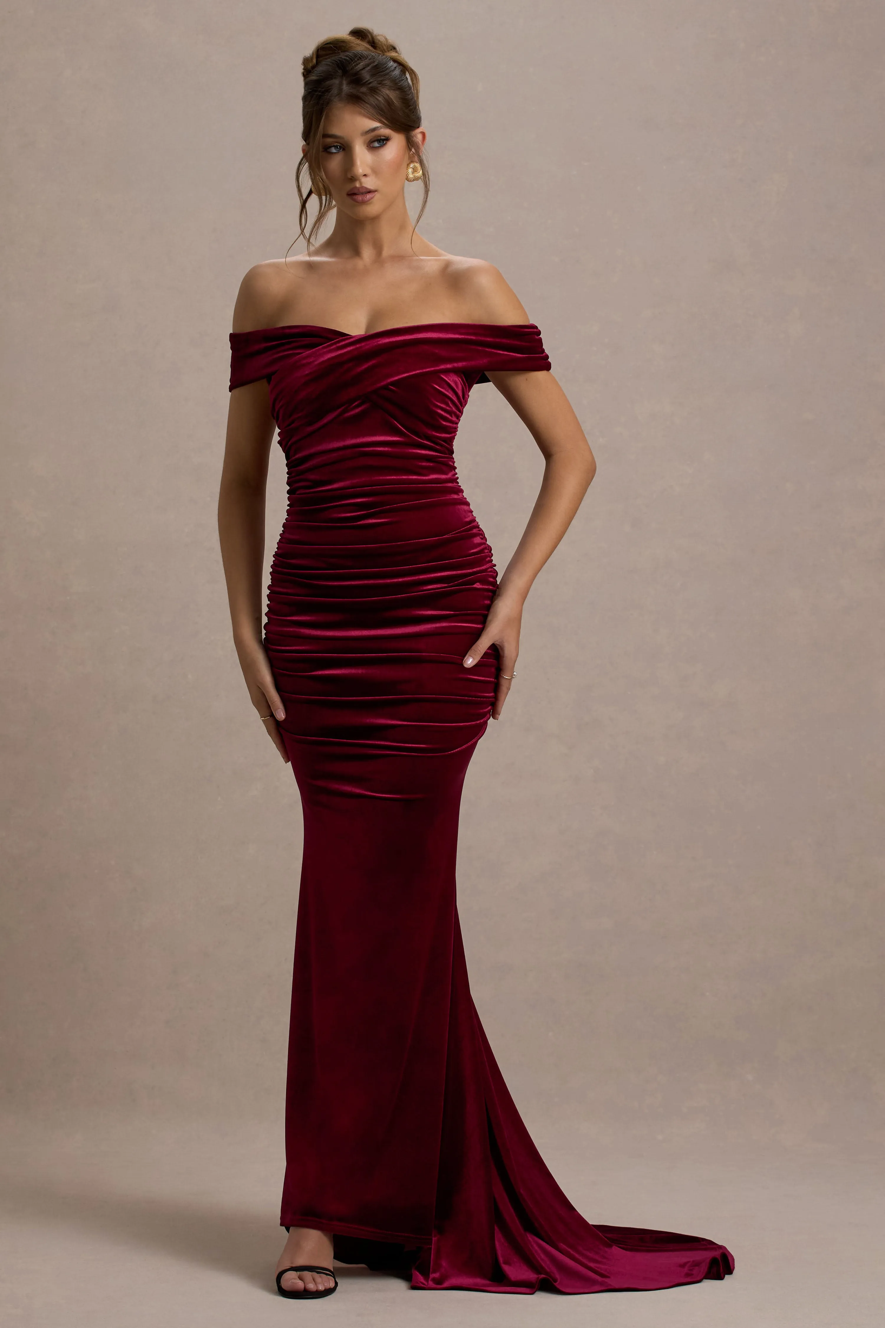 Apolline | Berry Velvet Off The Shoulder Ruched Fishtail Maxi Dress sold by Club L London