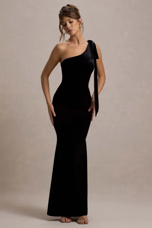 Jillian | Black Velvet Asymmetric Maxi Dress With Bow Strap sold by Club L London