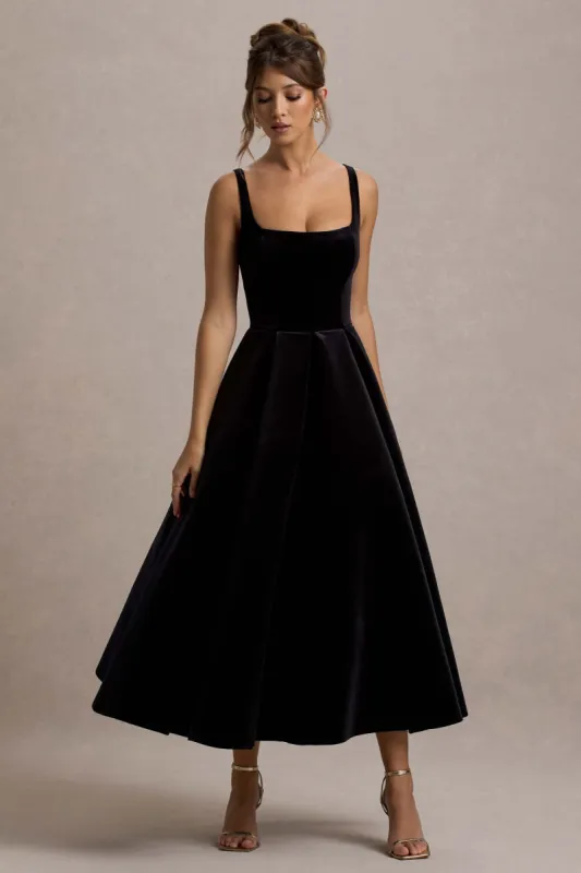Francisca | Black Velvet Strappy Volume-Hem Midi Dress sold by Club L London