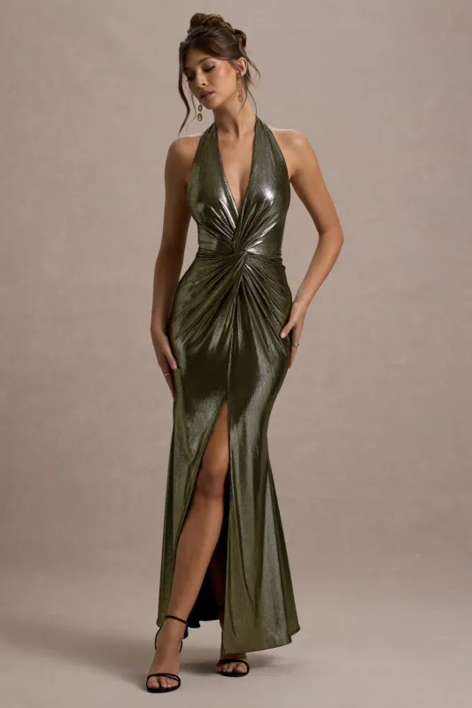 Carana | Gold Plunge-Neck Knotted Split Maxi Dress sold by Club L London
