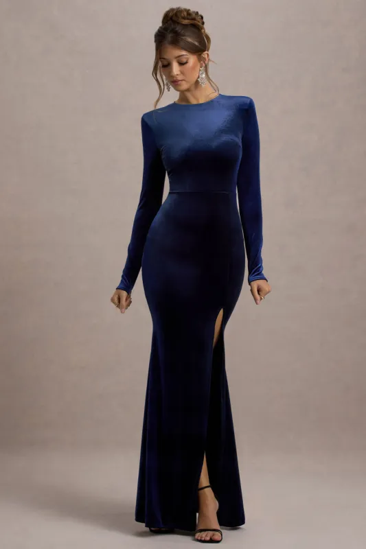 Rayla | Navy Velvet Maxi Dress With Split sold by Club L London