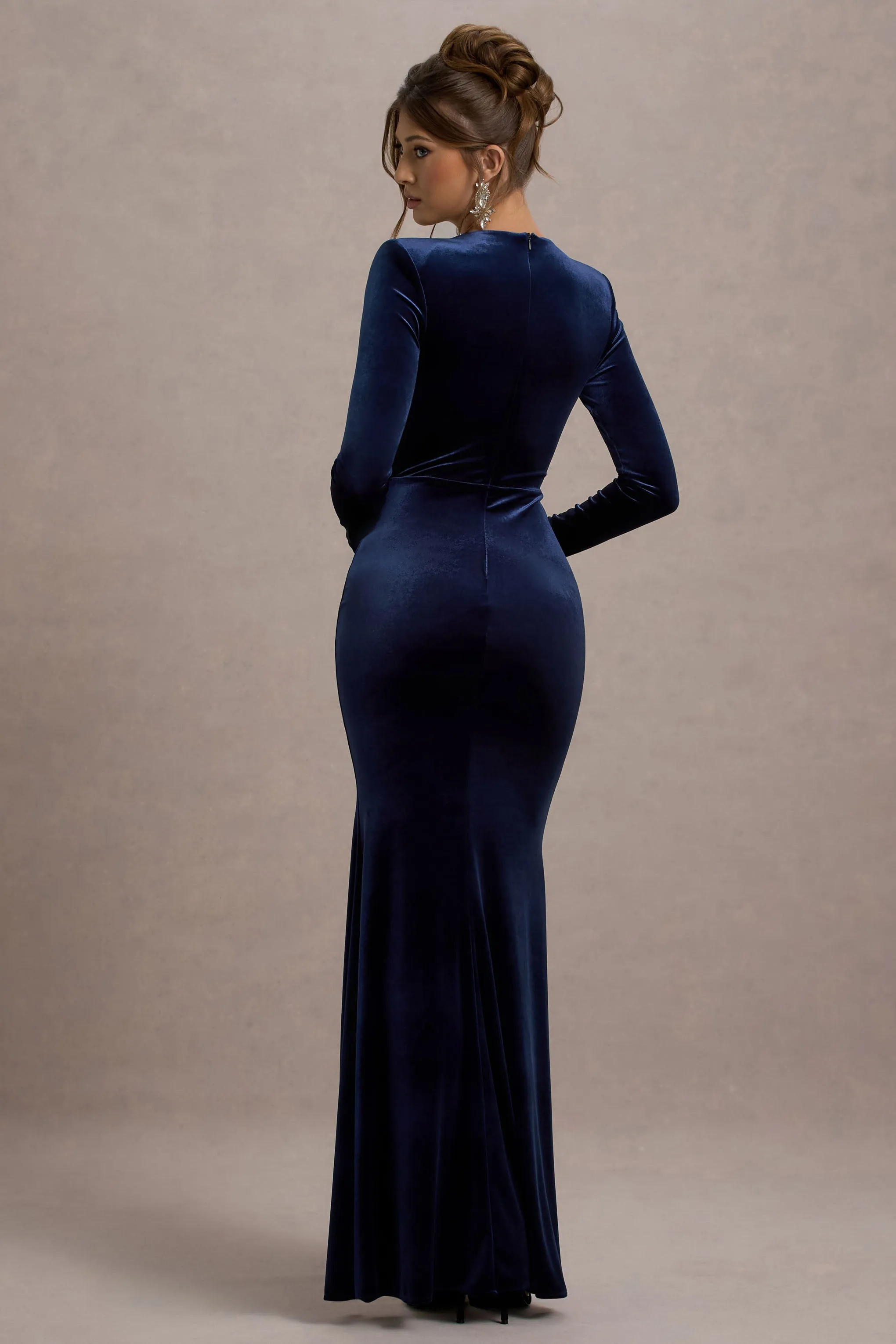 Rayla | Navy Velvet Maxi Dress With Split sold by Club L London product image thumbnail 2