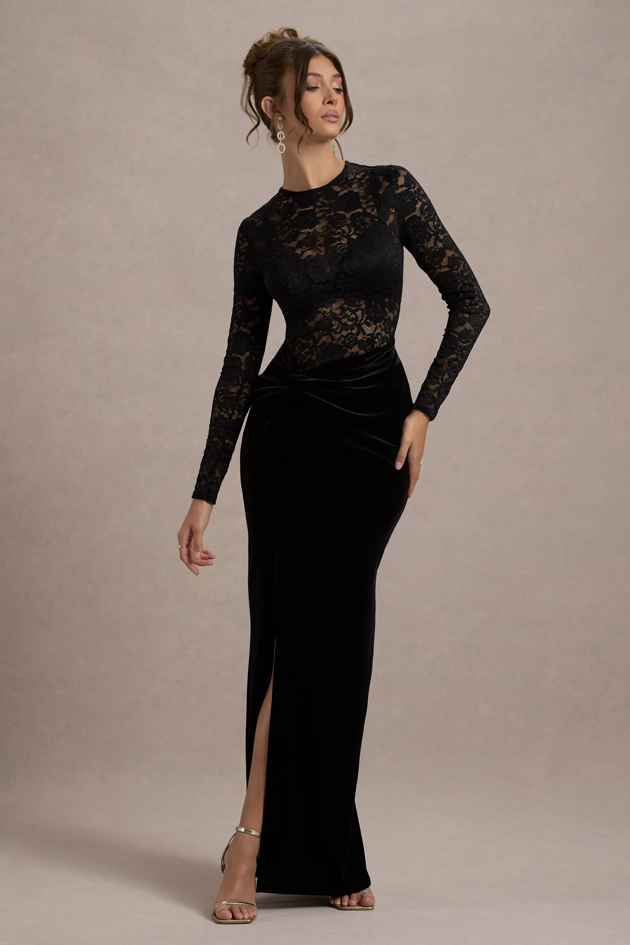 Loving Look | Black Lace Long-Sleeve Twisted Split Maxi Dress sold by Club L London product image thumbnail 4