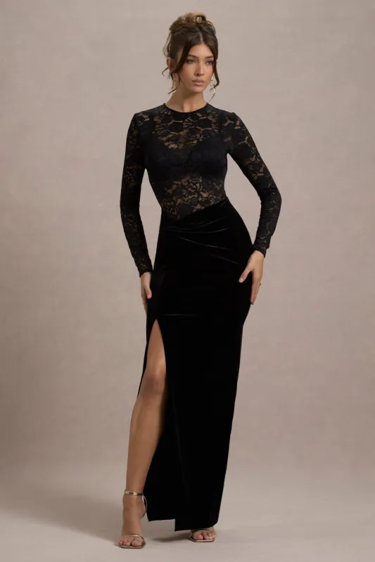 Loving Look | Black Lace Long-Sleeve Twisted Split Maxi Dress sold by Club L London