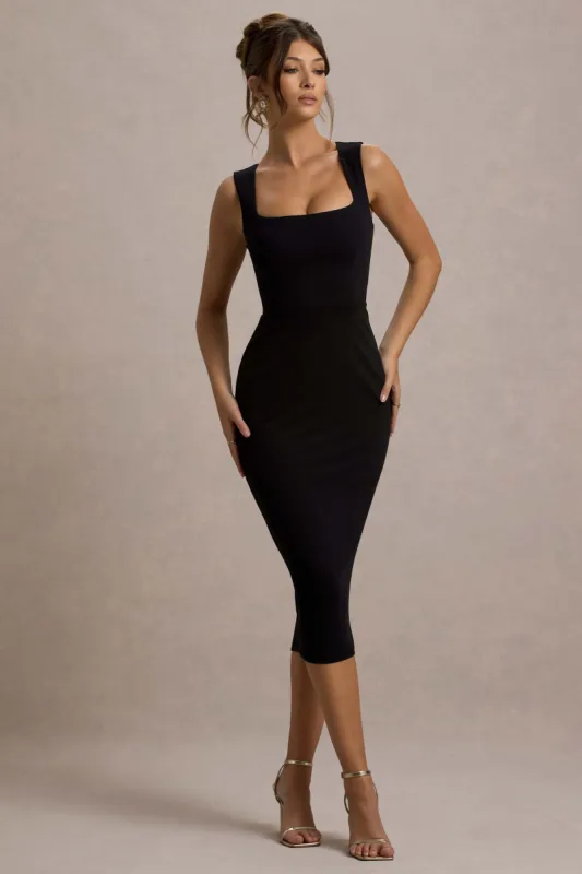Shantelle | Black Bodycon Square-Neck Midi Dress sold by Club L London