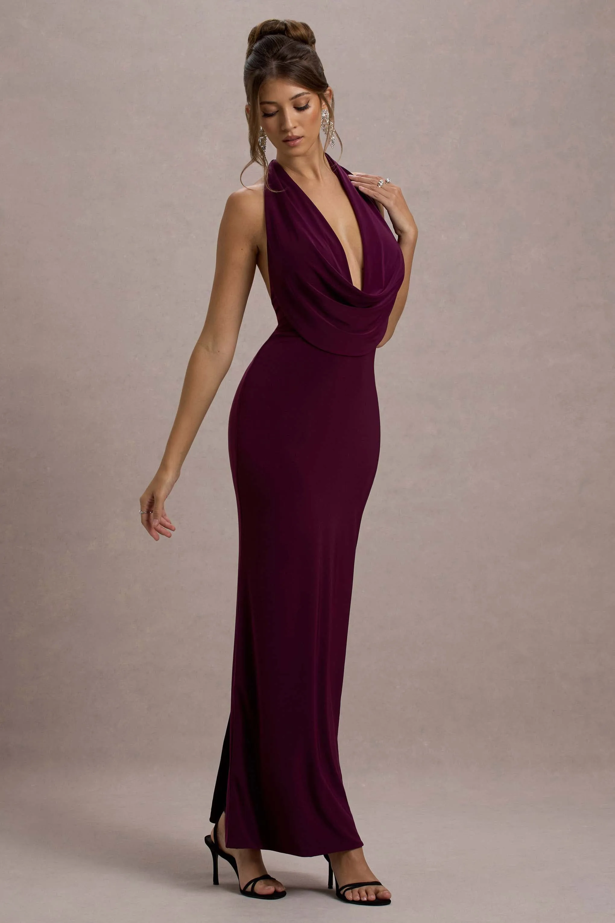Capella | Berry Asymmetric Wrap Maxi Dress sold by Club L London product image thumbnail 4