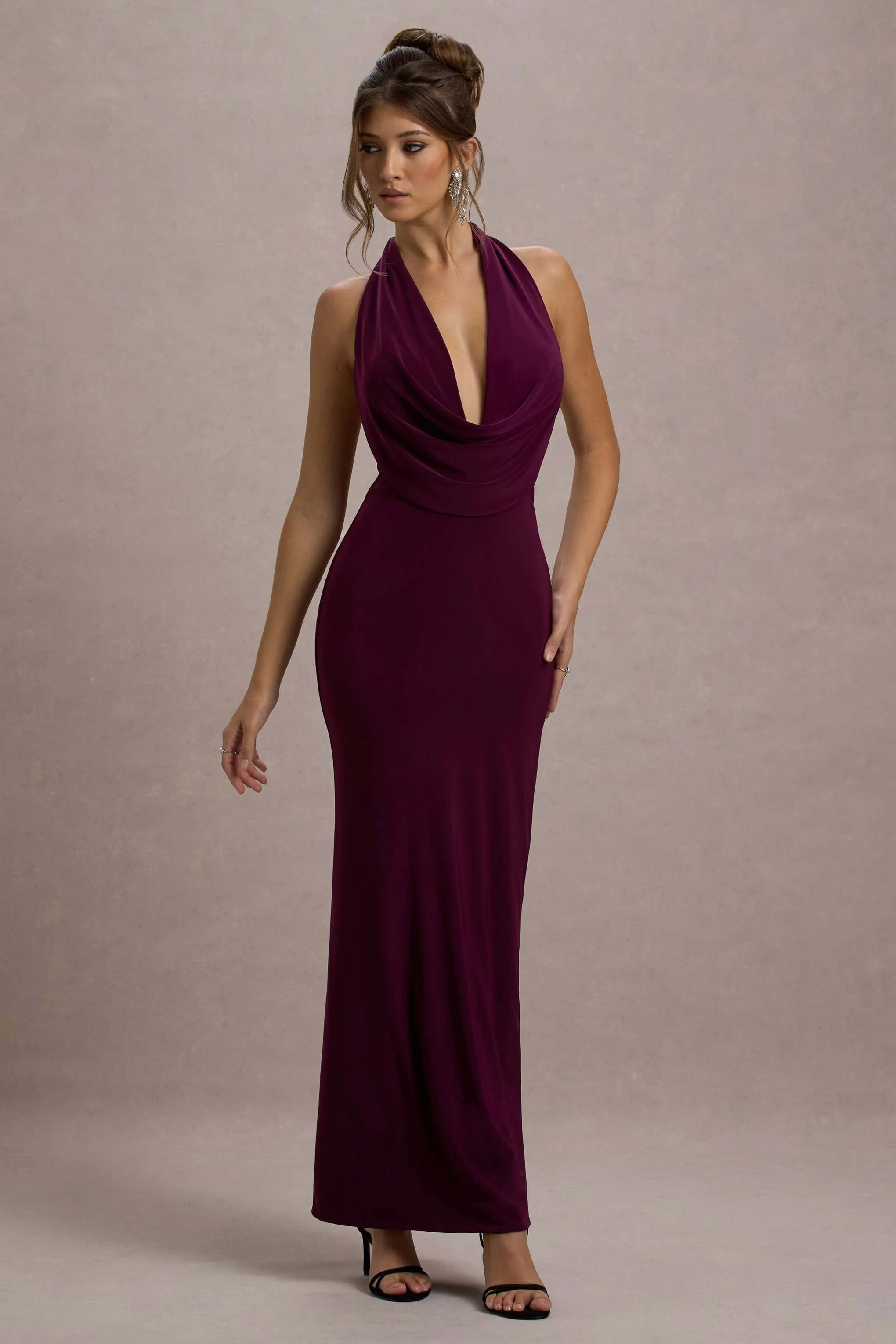 Capella | Berry Asymmetric Wrap Maxi Dress sold by Club L London