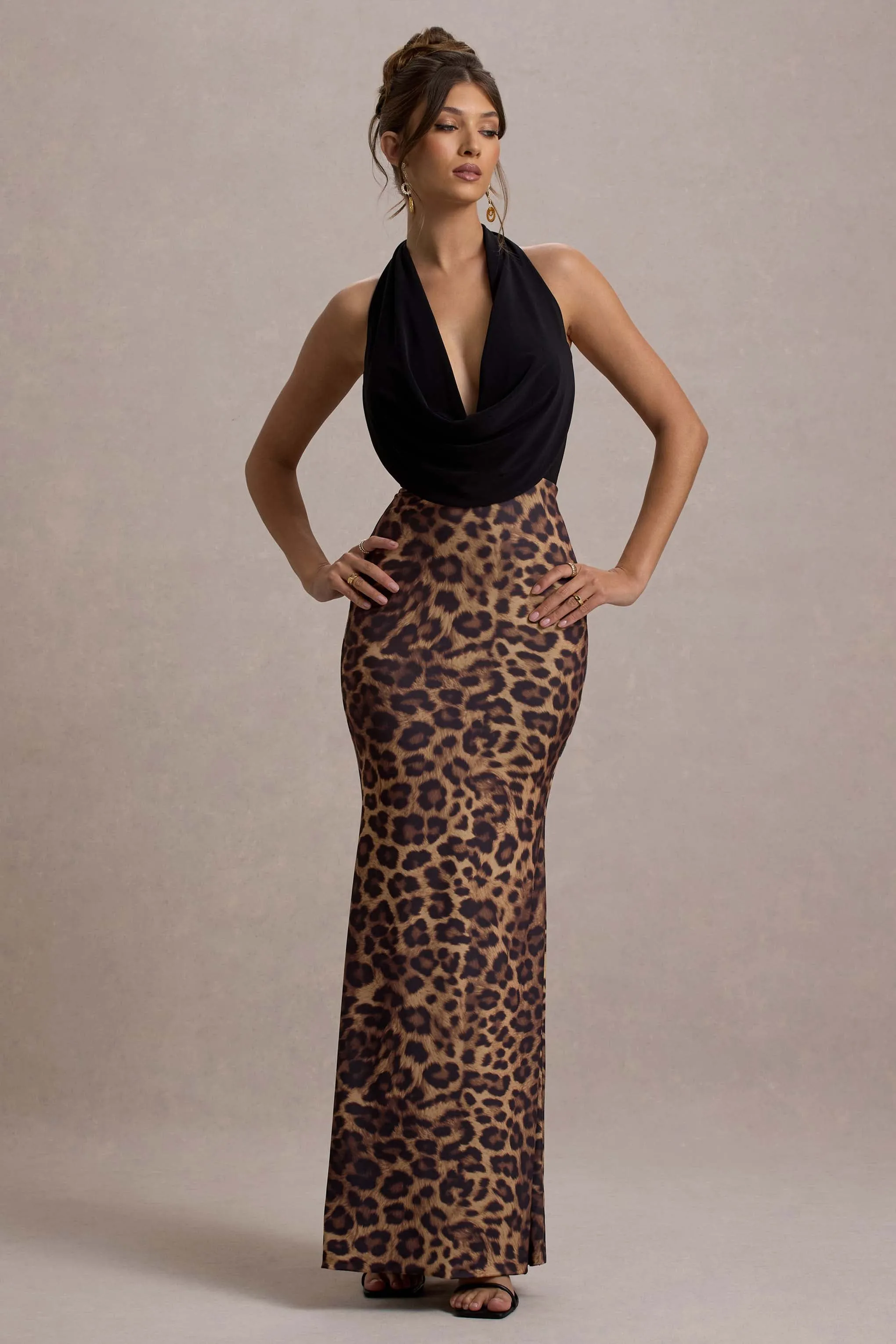 Krystal | Animal Print Deep Plunge-Neck Maxi Dress sold by Club L London