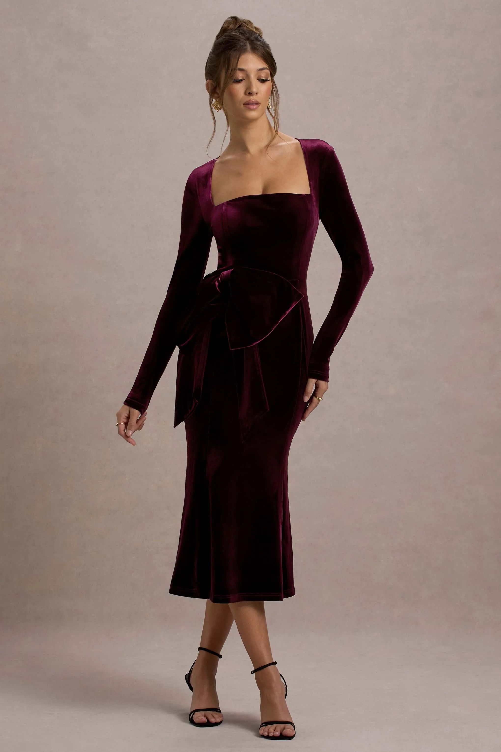 Gemima | Port Velvet Square-Neck Midi Dress With Bow sold by Club L London product image thumbnail 5