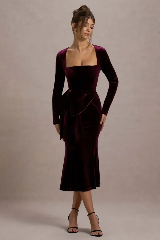Gemima | Port Velvet Square-Neck Midi Dress With Bow made by Club L London