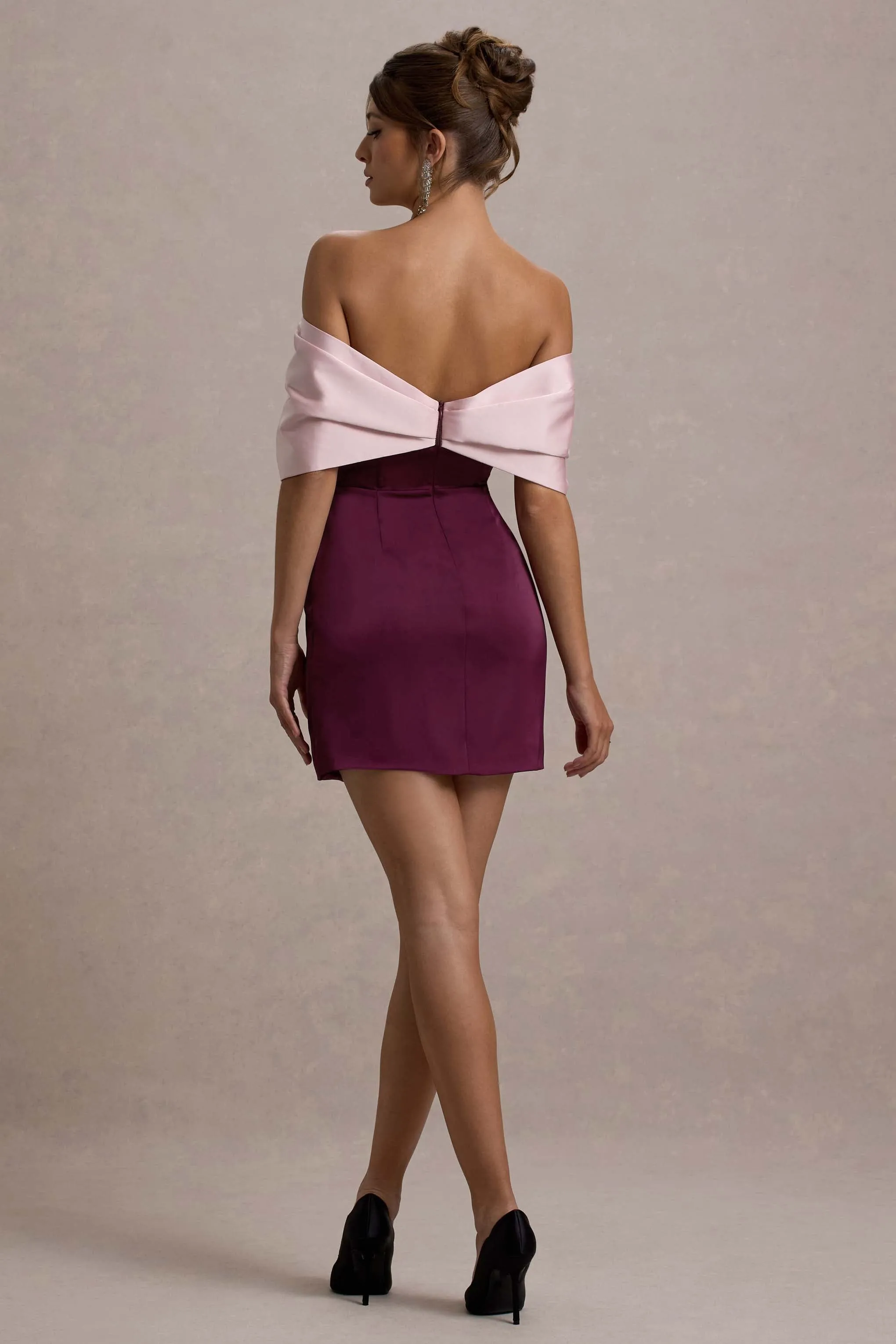 Linley | Burgundy & Pink Satin Bow Bardot Mini Dress sold by Club L London product image thumbnail 2