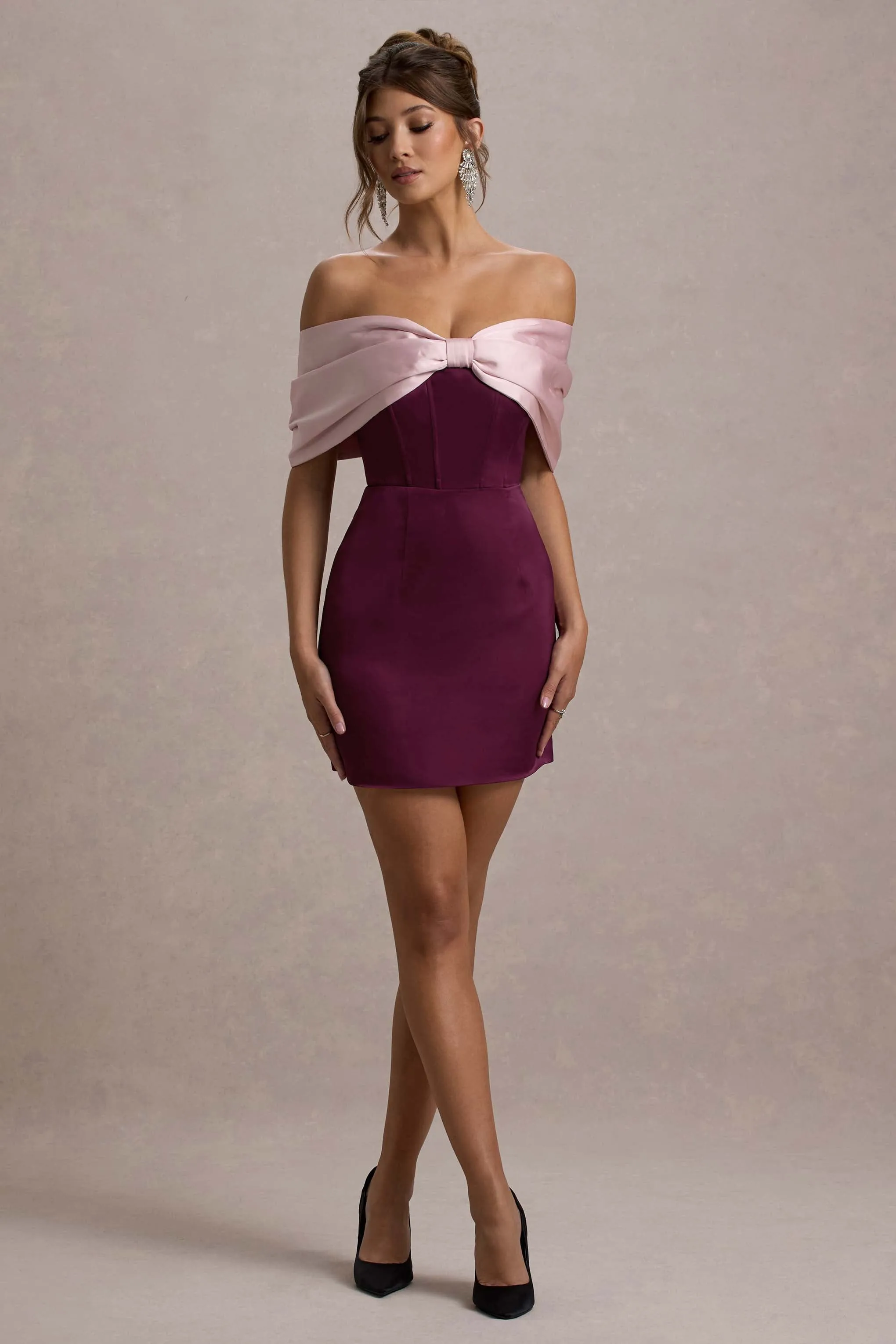 Linley | Burgundy & Pink Satin Bow Bardot Mini Dress sold by Club L London product image thumbnail 4