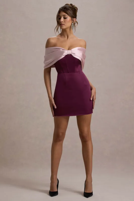 Linley | Burgundy & Pink Satin Bow Bardot Mini Dress sold by Club L London