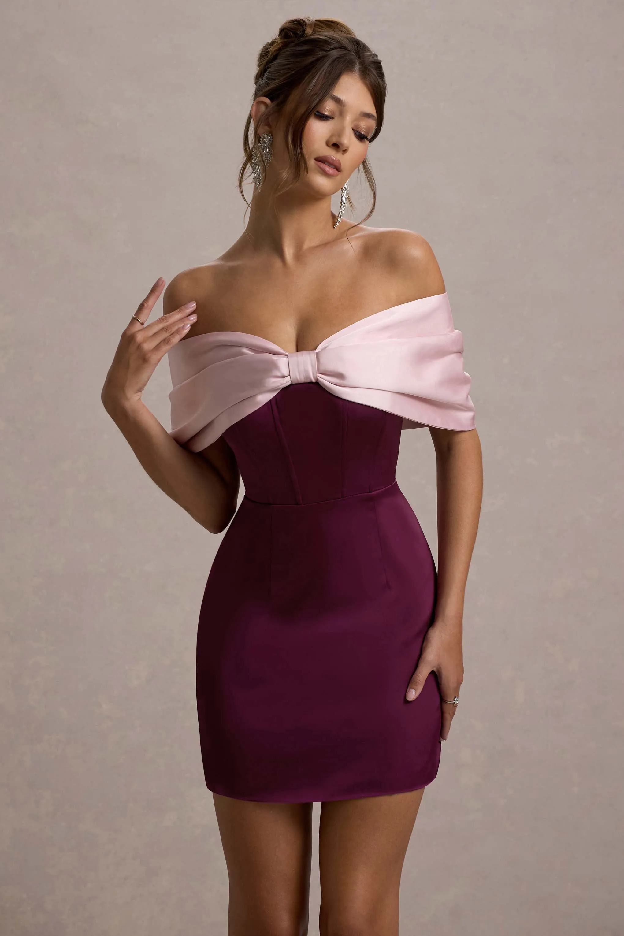 Linley | Burgundy & Pink Satin Bow Bardot Mini Dress sold by Club L London product image thumbnail 3