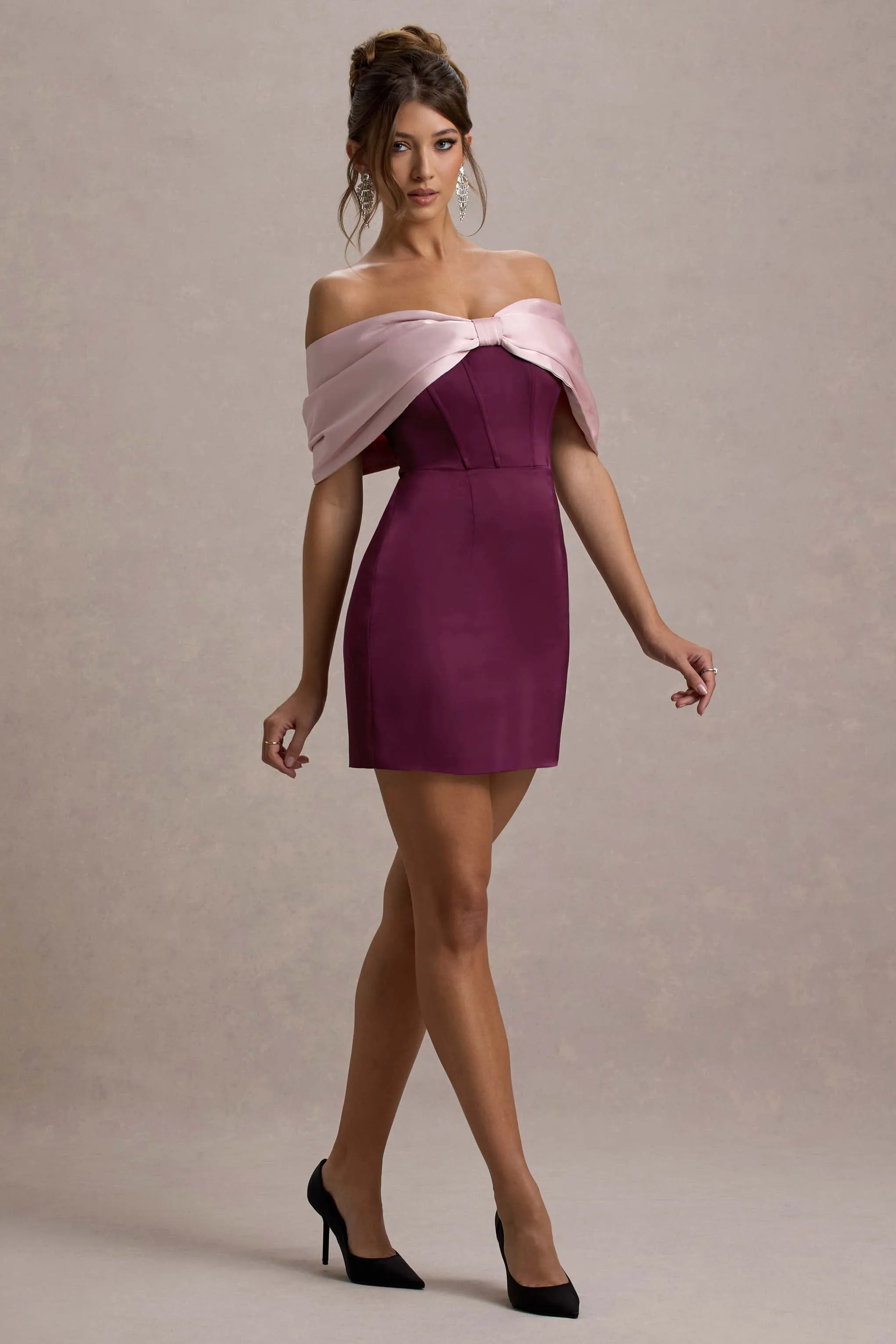 Linley | Burgundy & Pink Satin Bow Bardot Mini Dress sold by Club L London product image thumbnail 5