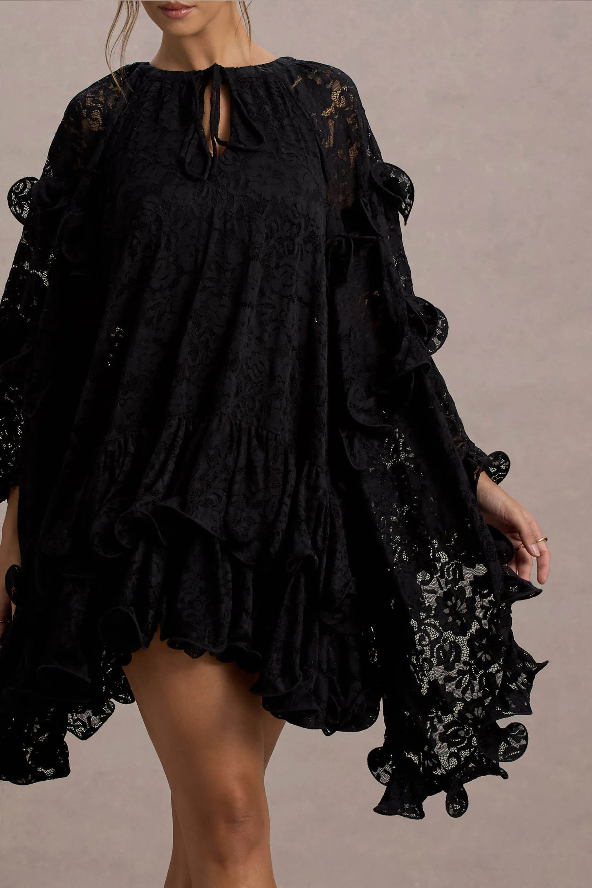 Arlington | Black Lace Cape-Sleeve Mini Dress sold by Club L London product image thumbnail 4