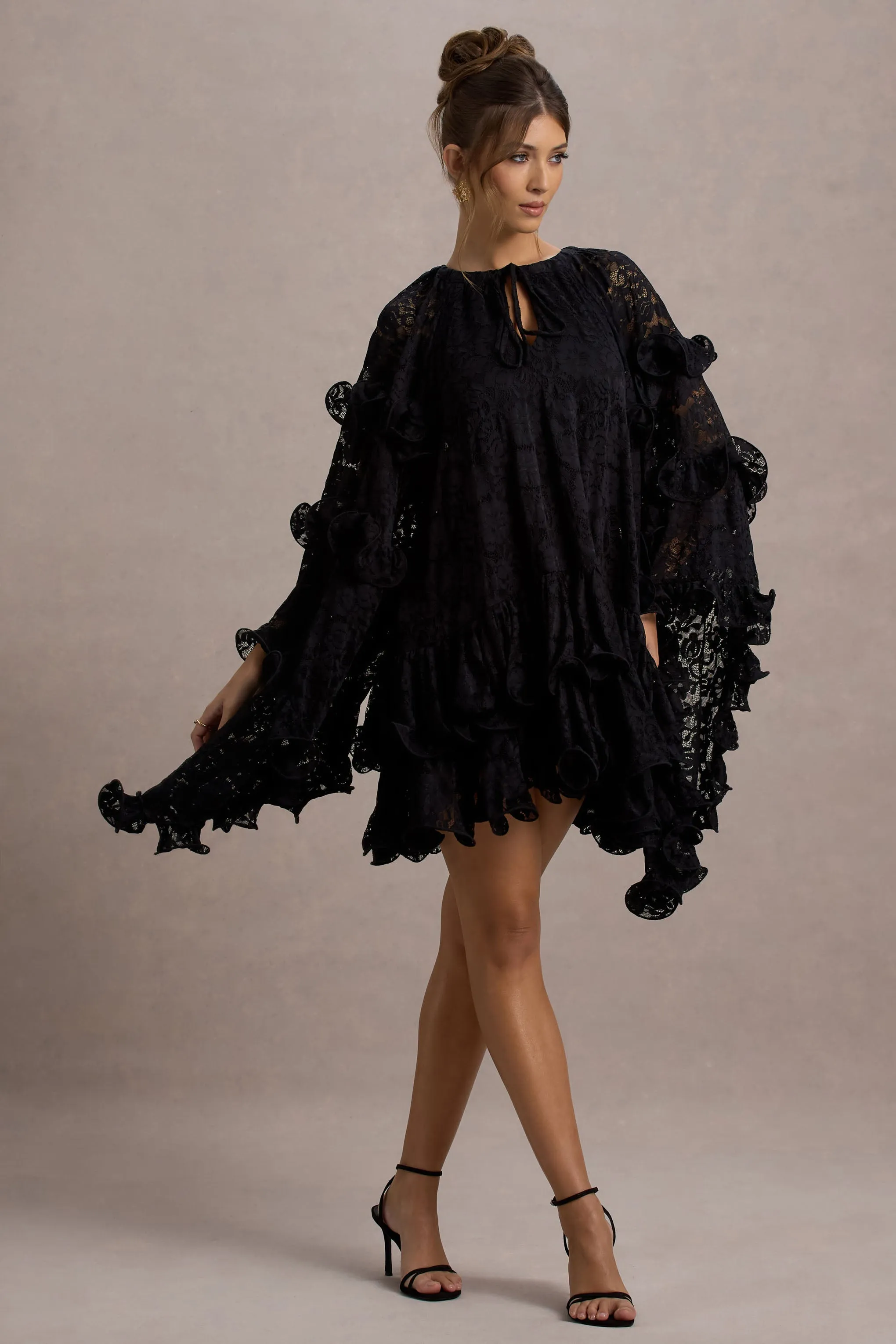 Arlington | Black Lace Cape-Sleeve Mini Dress sold by Club L London product image thumbnail 3