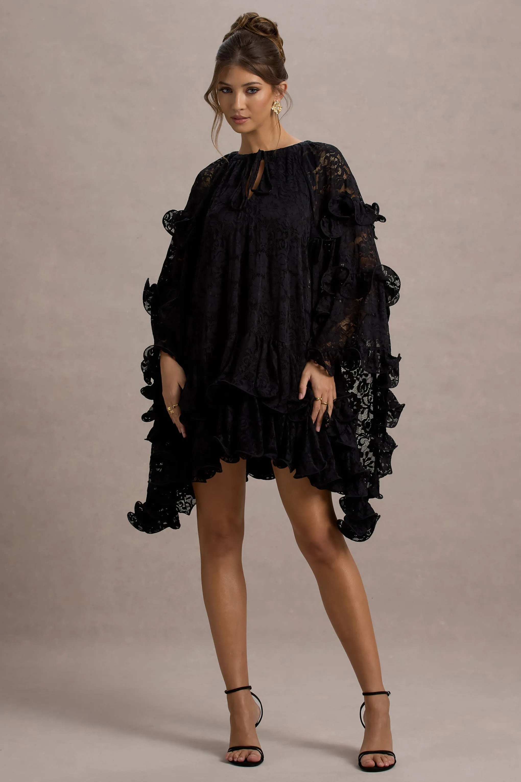 Arlington | Black Lace Cape-Sleeve Mini Dress sold by Club L London