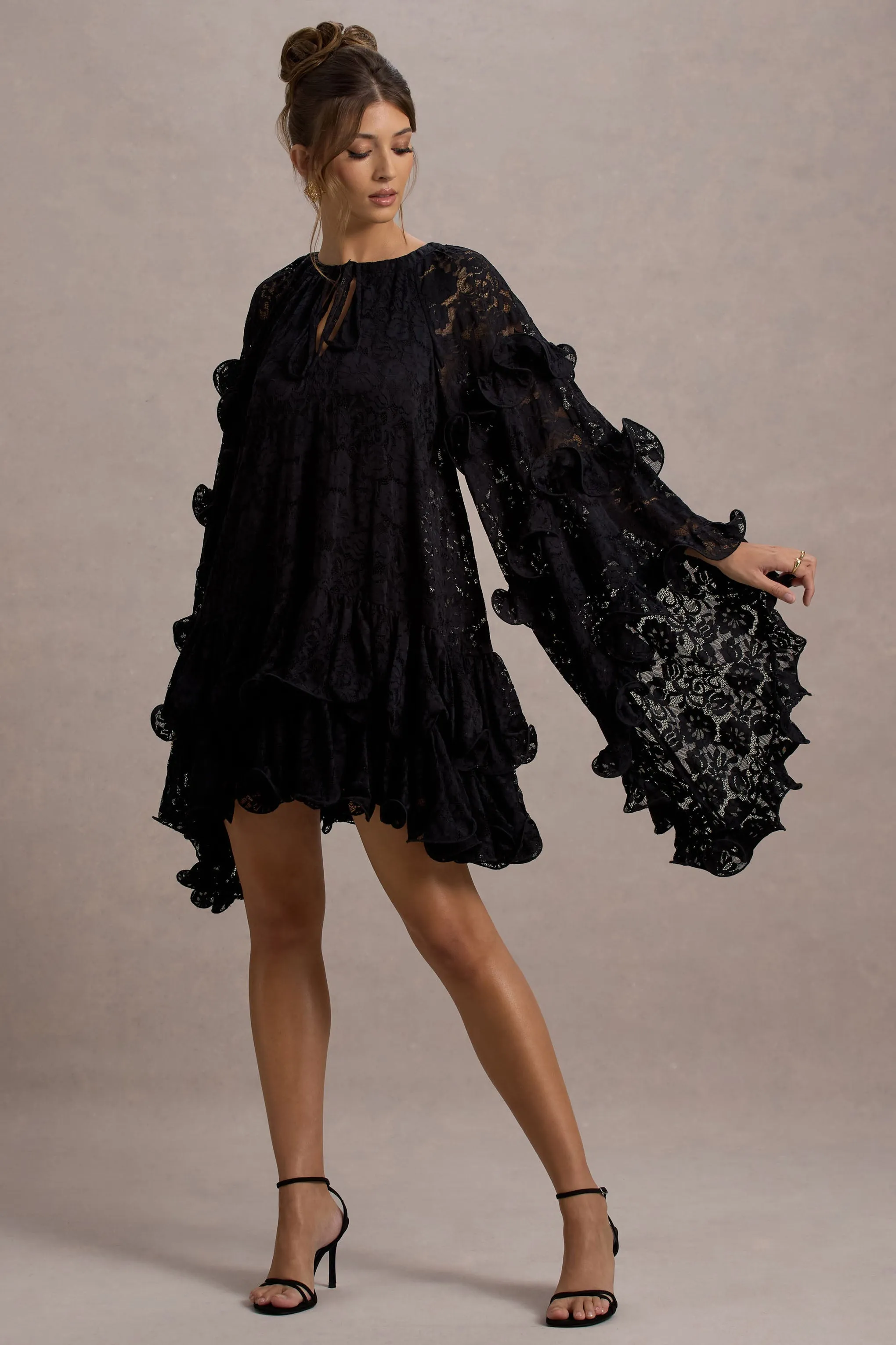 Arlington | Black Lace Cape-Sleeve Mini Dress sold by Club L London product image thumbnail 5