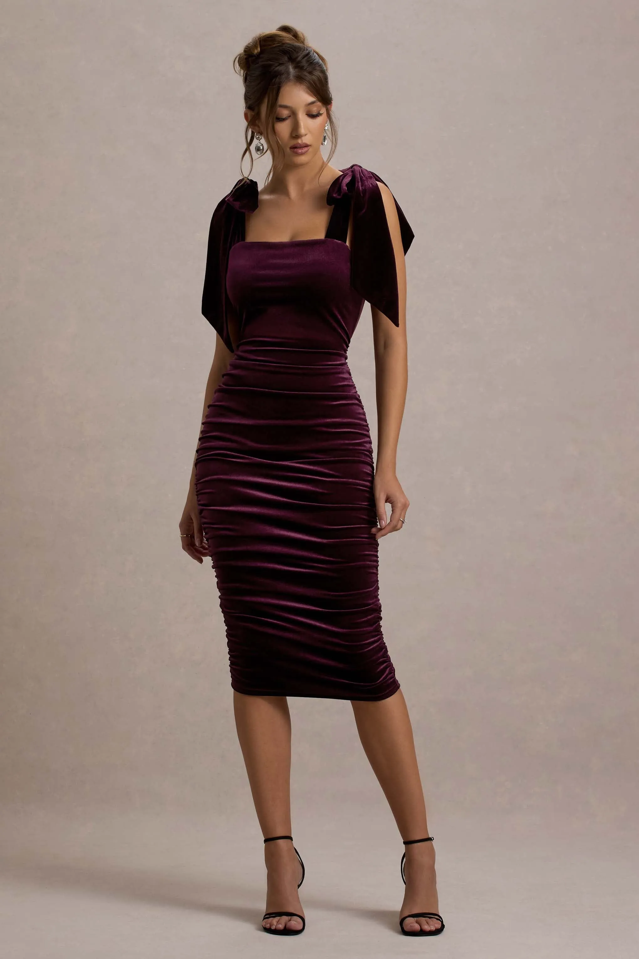 Tarna | Port Velvet Midi Dress With Bow Straps sold by Club L London product image thumbnail 5
