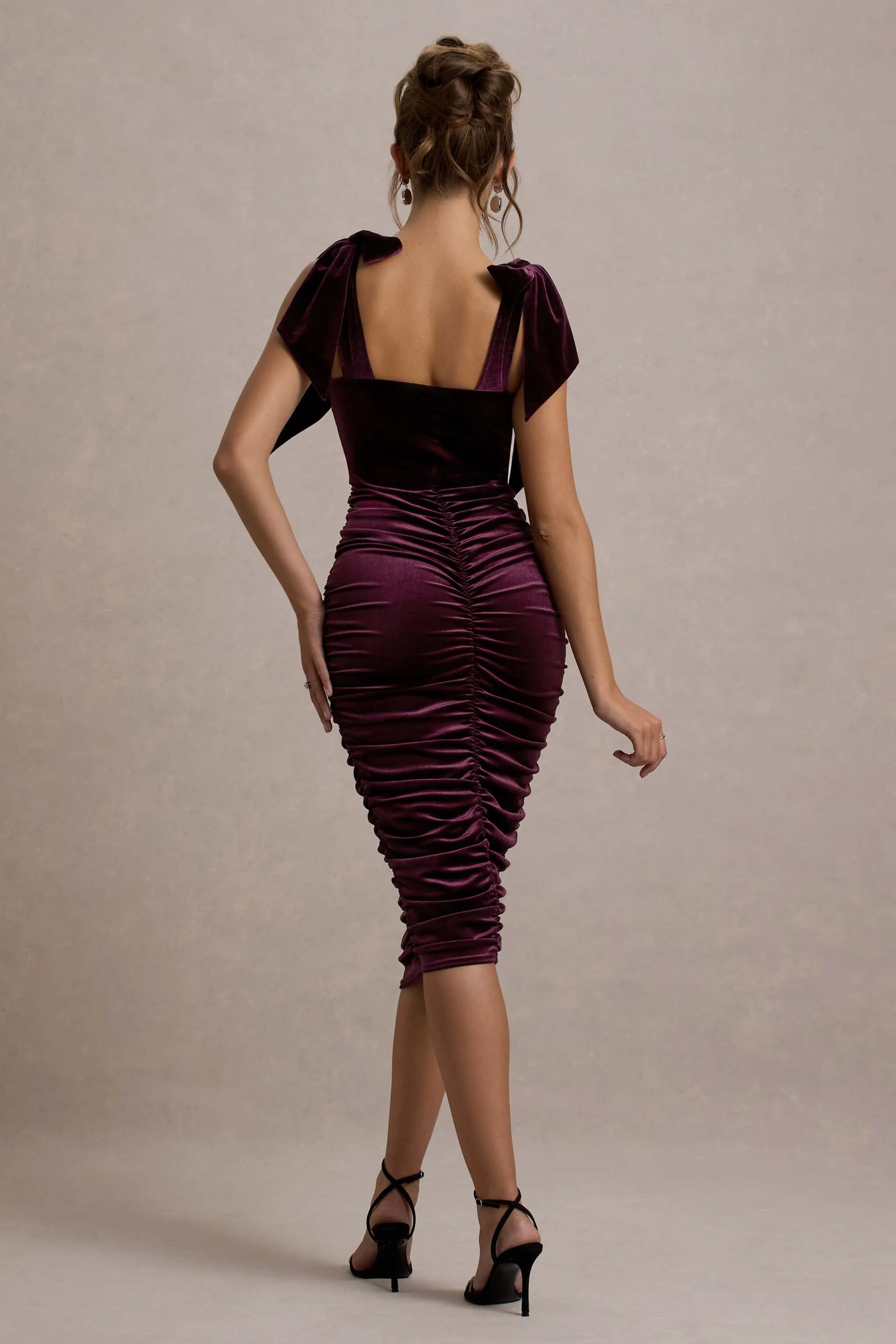 Tarna | Port Velvet Midi Dress With Bow Straps sold by Club L London product image thumbnail 2
