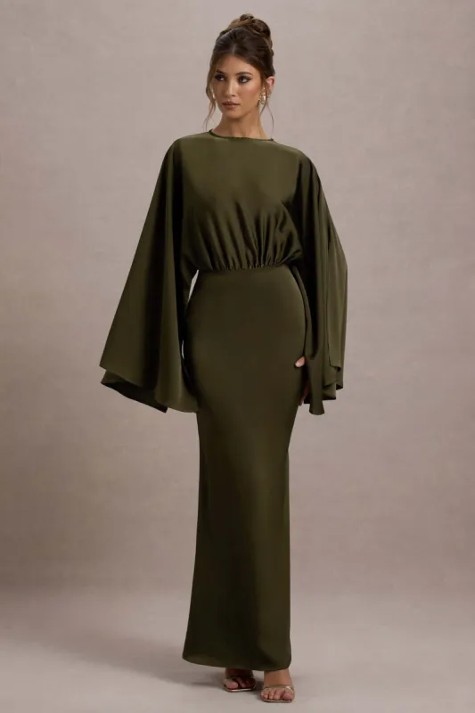Zuzanna | Khaki Draped Maxi Dress With Cape Sleeves sold by Club L London