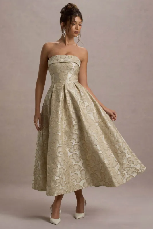 Zuma | Gold Metallic Jacquard Strapless Midi Dress sold by Club L London