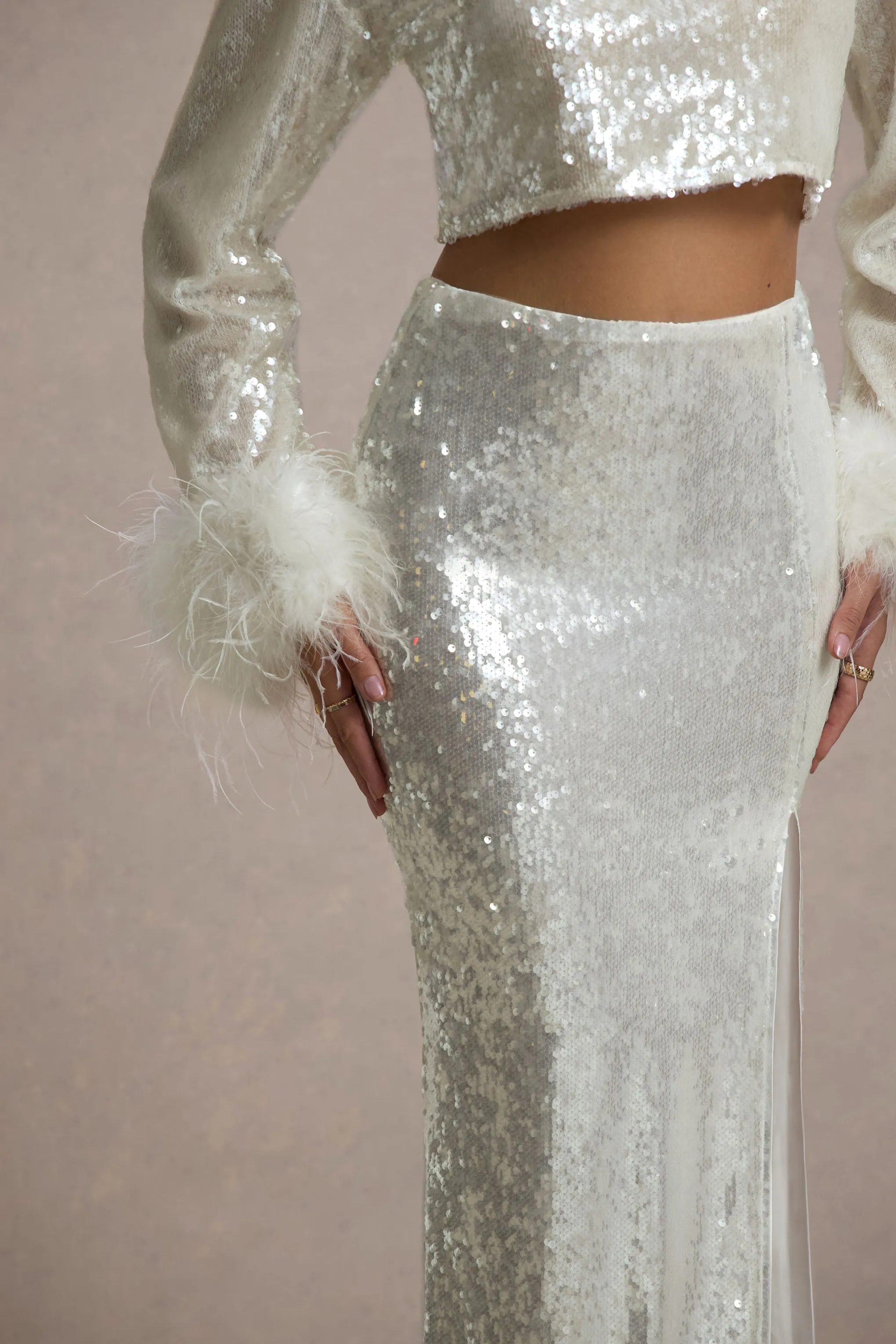 Solita | Sand Sequin Long-Sleeve Crop Top With Feather Trim sold by Club L London product image thumbnail 2