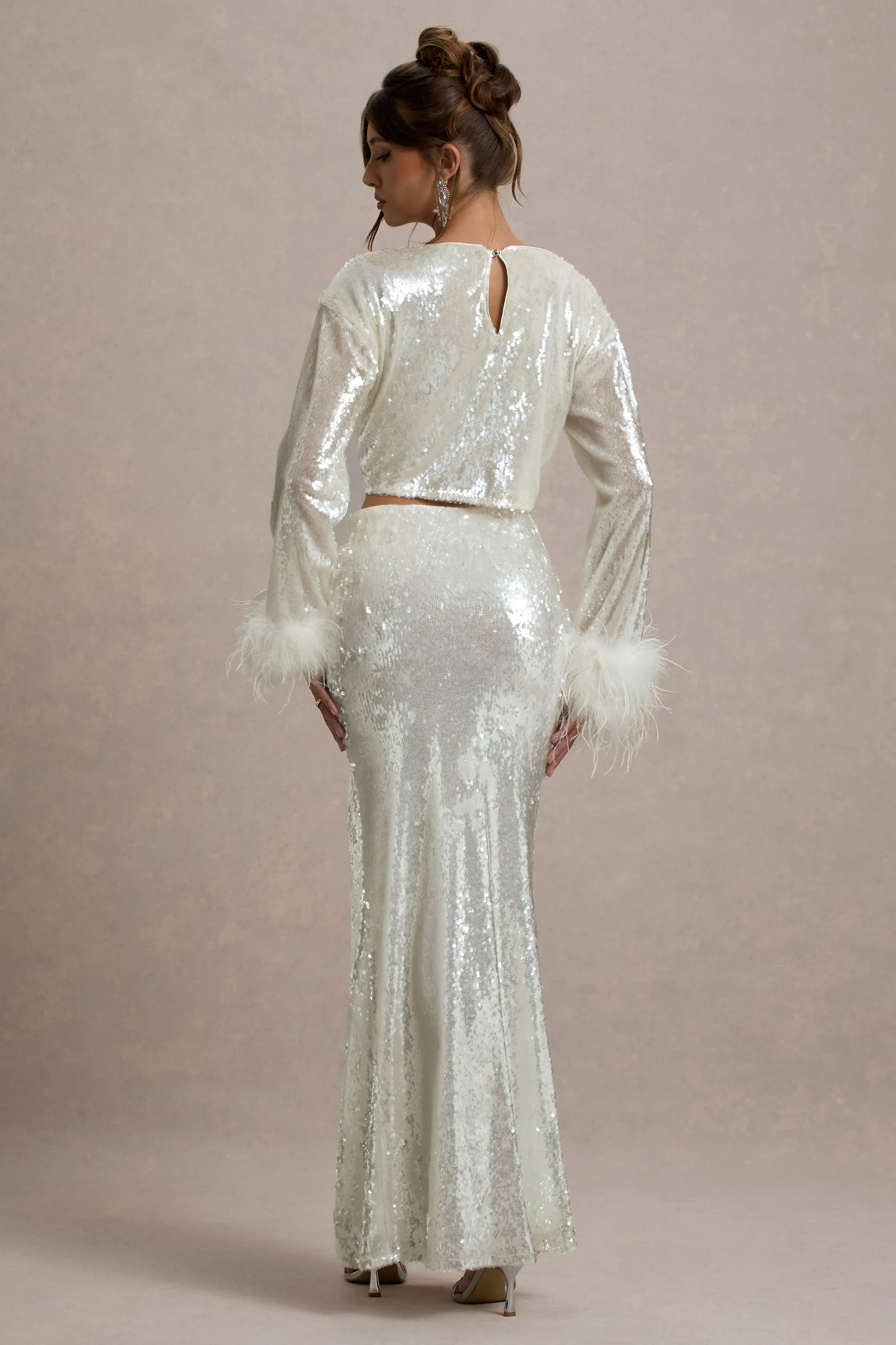 Solita | Sand Sequin Long-Sleeve Crop Top With Feather Trim sold by Club L London product image thumbnail 4