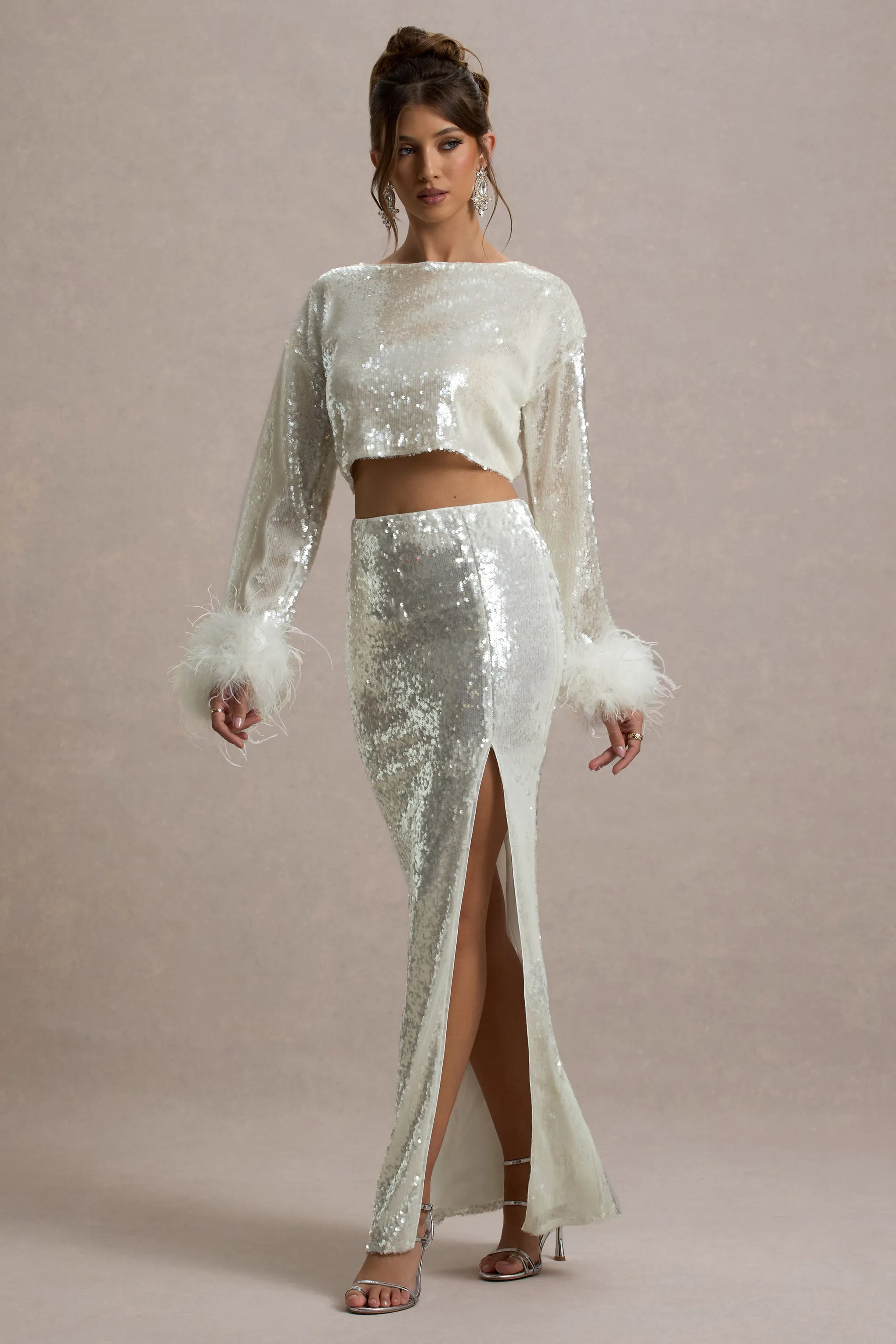 Solita | Sand Sequin Long-Sleeve Crop Top With Feather Trim sold by Club L London product image thumbnail 3