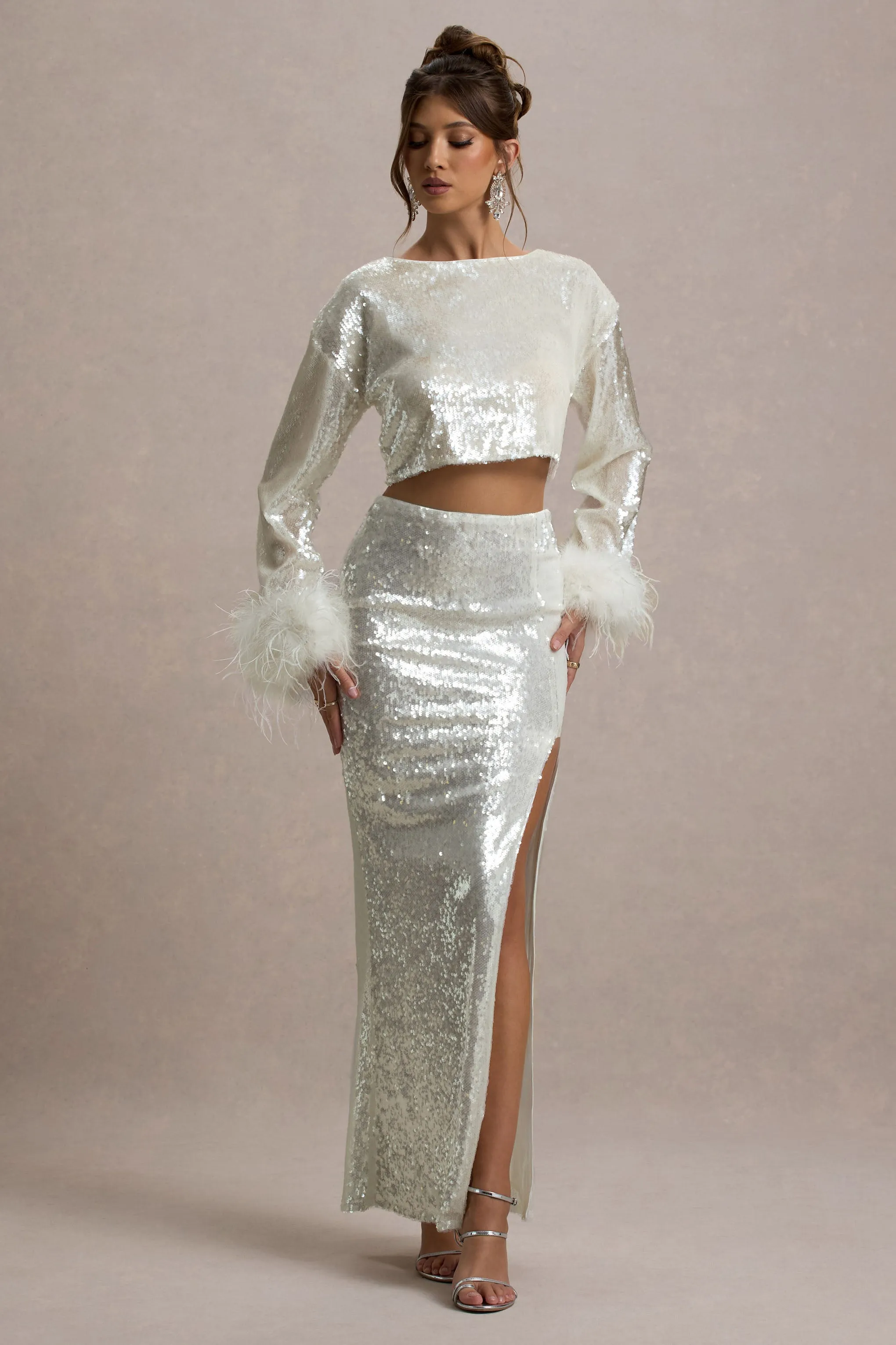 Solita | Sand Sequin Long-Sleeve Crop Top With Feather Trim sold by Club L London product image thumbnail 5
